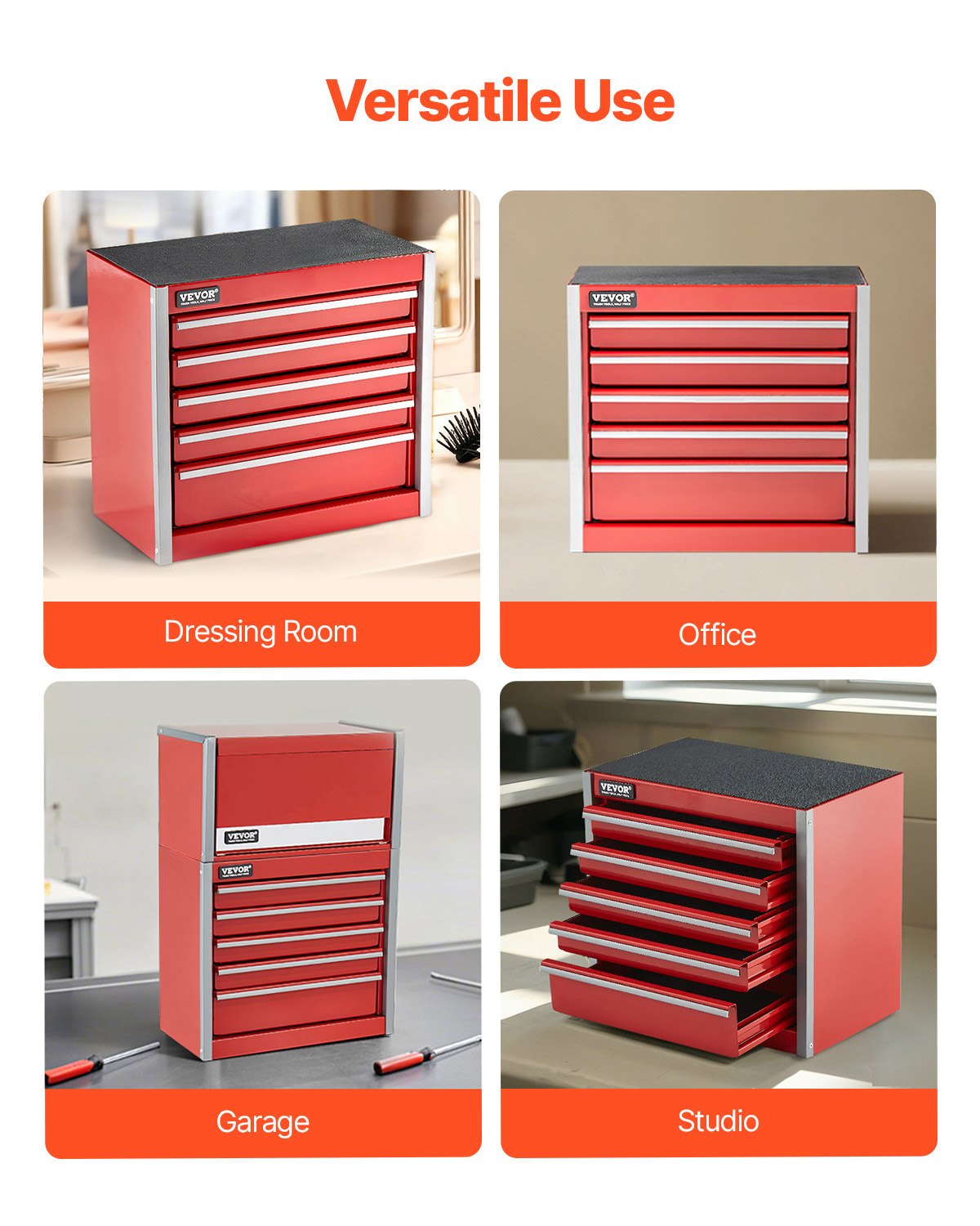 VEVOR Caja de Herramientas Portátil de Metal 218 x 118 x 205 mm, Cofre de Herramientas Pequeño con 5 Cajones, Revestimiento de EVA y Almohadillas de PP para Pies, Caja de Acero Resistente, Rojo
