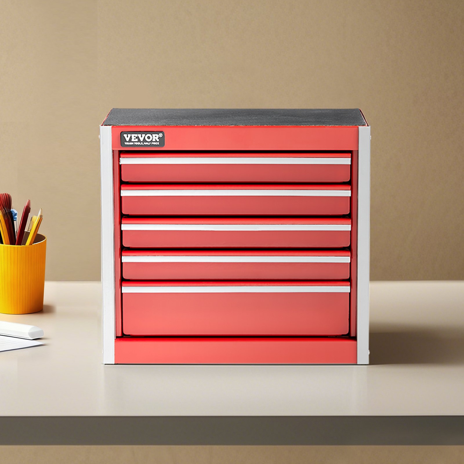 VEVOR Caja de Herramientas Portátil de Metal 218 x 118 x 205 mm, Cofre de Herramientas Pequeño con 5 Cajones, Revestimiento de EVA y Almohadillas de PP para Pies, Caja de Acero Resistente, Rojo