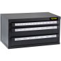 Armario dispensador de grifo VEVOR negro con cajones etiquetados para almacenar varios grifos.