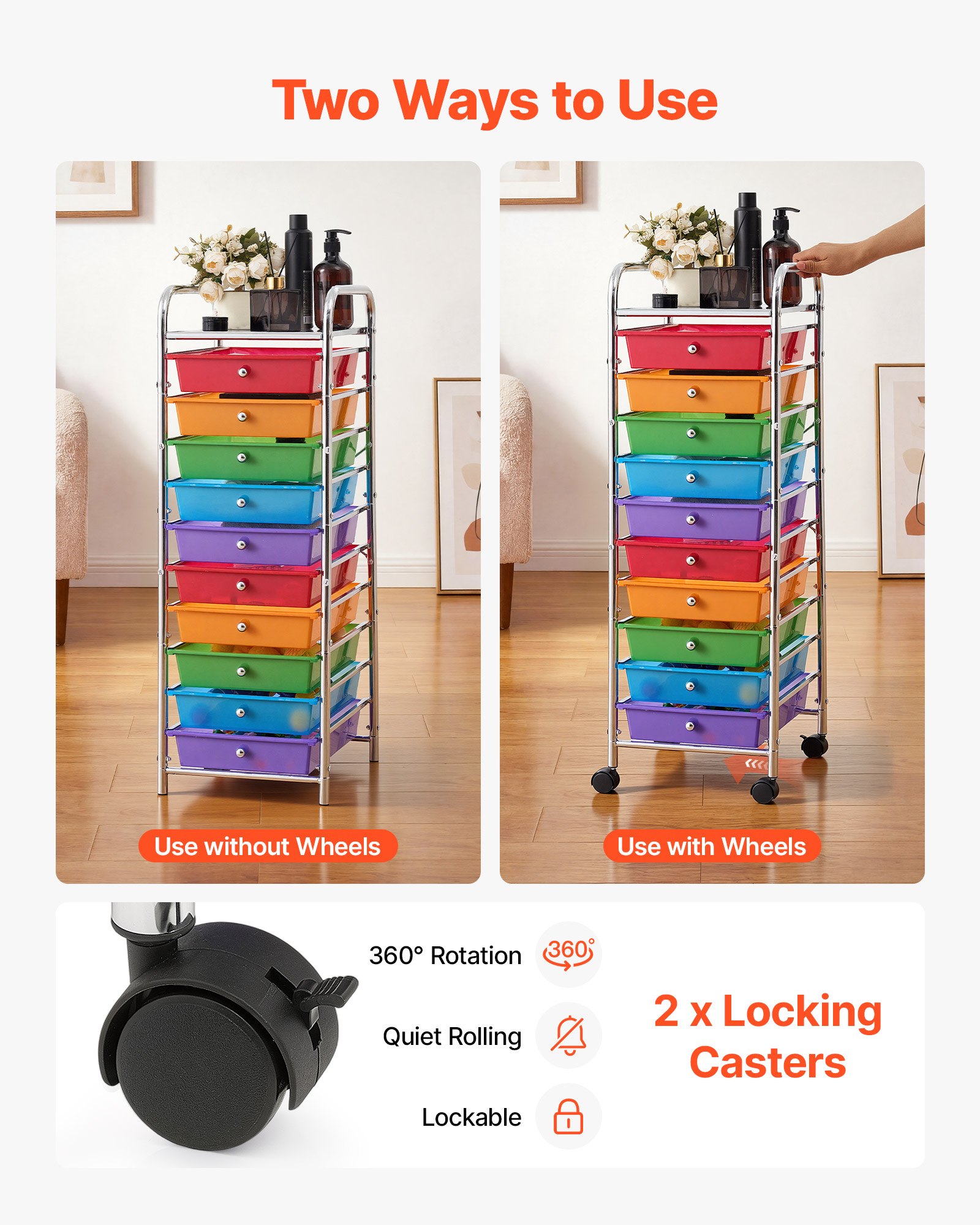 VEVOR Carrito Organizador de Metal con 10 Cajones, Carrito de Almacenamiento con Ruedas Giratorias de 360° y 2 Frenos, Destornillador, para Garaje Oficina Dormitorio Manualidades Baño, Color Arcoíris
