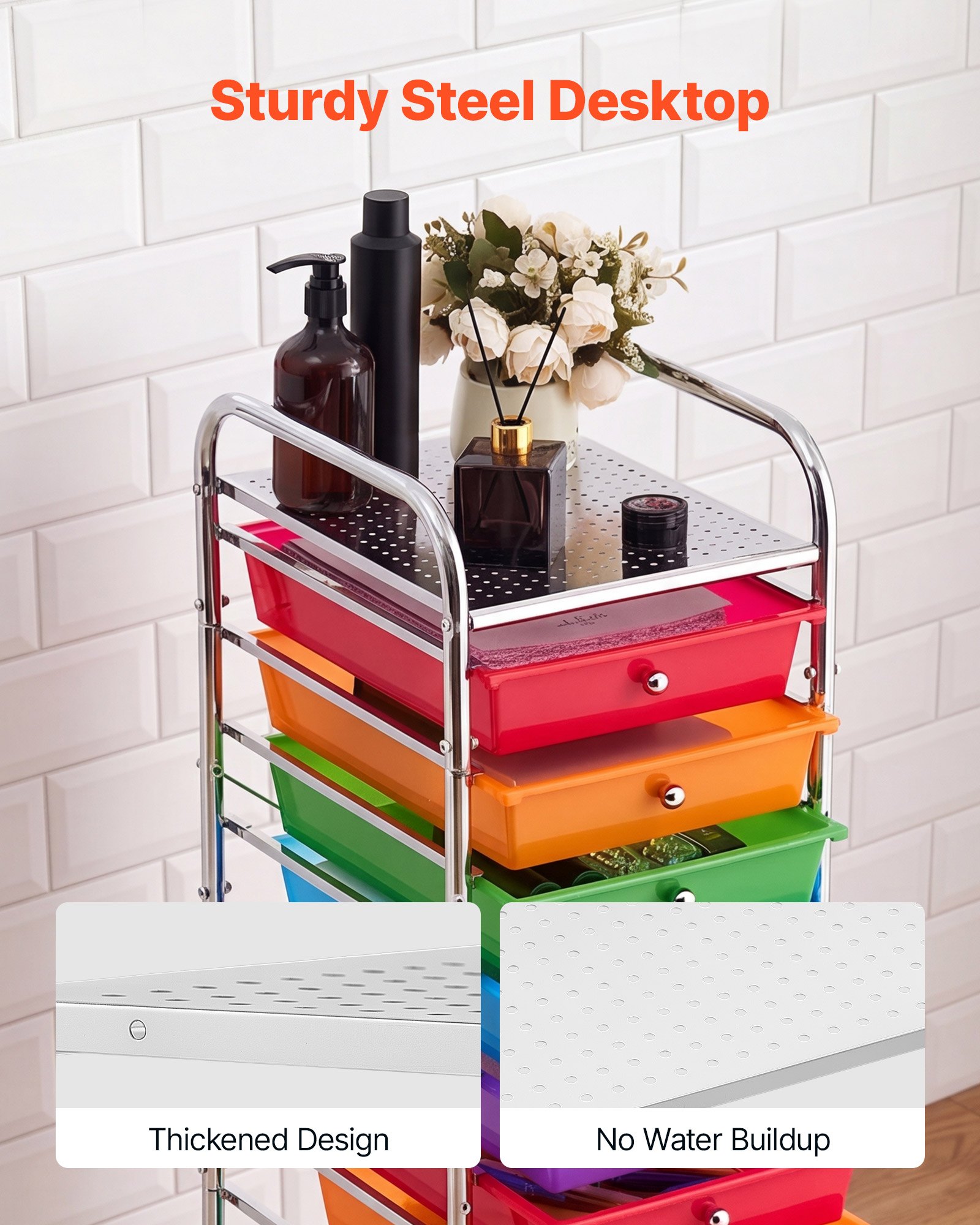 VEVOR Carrito Organizador de Metal con 10 Cajones, Carrito de Almacenamiento con Ruedas Giratorias de 360° y 2 Frenos, Destornillador, para Garaje Oficina Dormitorio Manualidades Baño, Color Arcoíris
