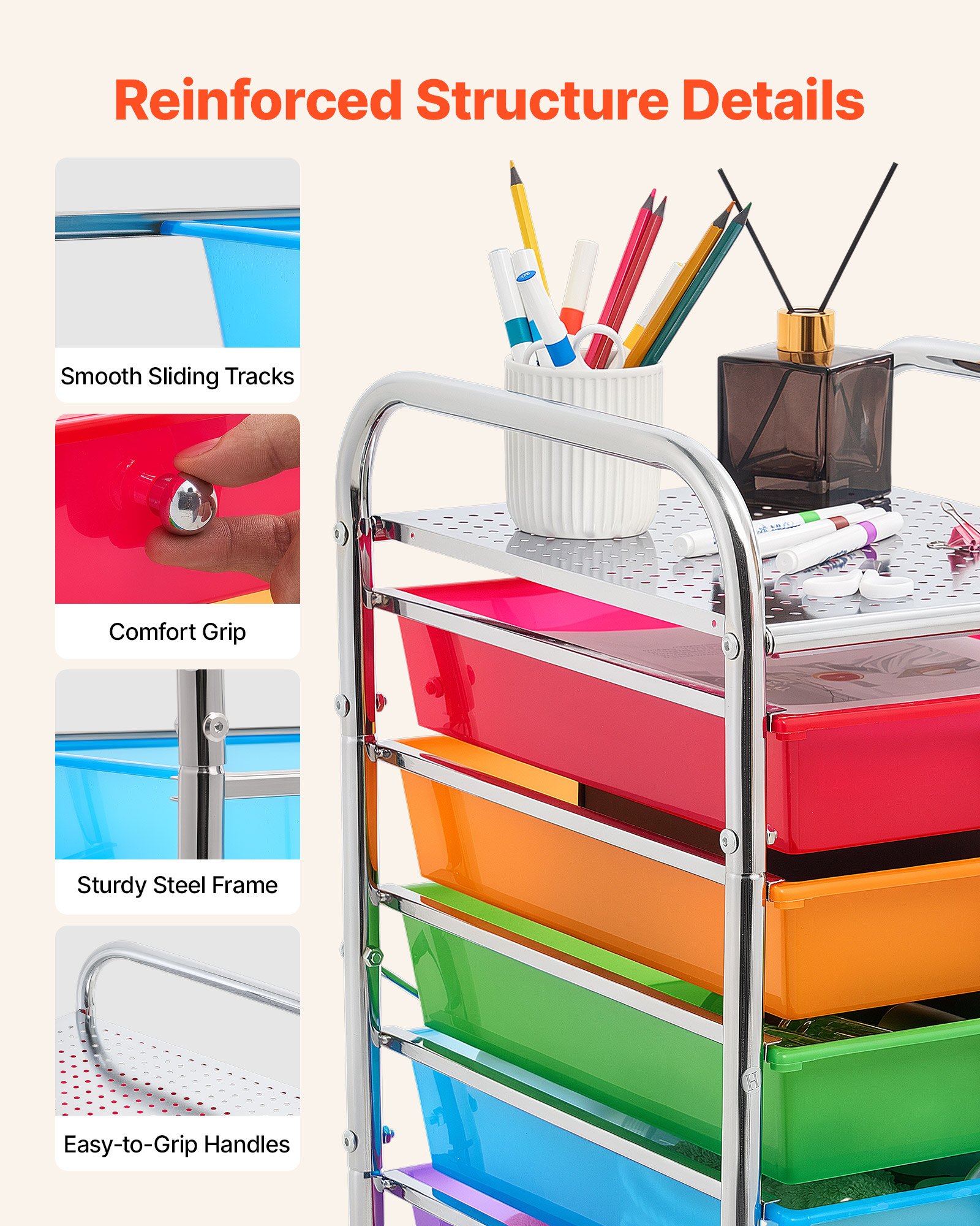 VEVOR Carrito Organizador de Metal con 10 Cajones, Carrito de Almacenamiento con Ruedas Giratorias de 360° y 2 Frenos, Destornillador, para Garaje Oficina Dormitorio Manualidades Baño, Color Arcoíris