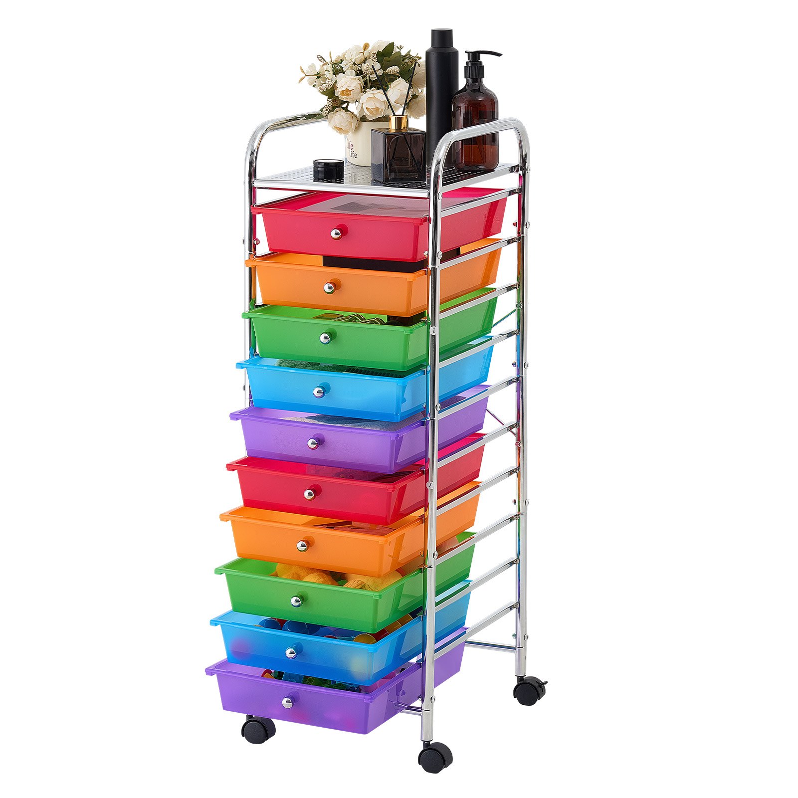 VEVOR Carrito Organizador de Metal con 10 Cajones, Carrito de Almacenamiento con Ruedas Giratorias de 360° y 2 Frenos, Destornillador, para Garaje Oficina Dormitorio Manualidades Baño, Color Arcoíris
