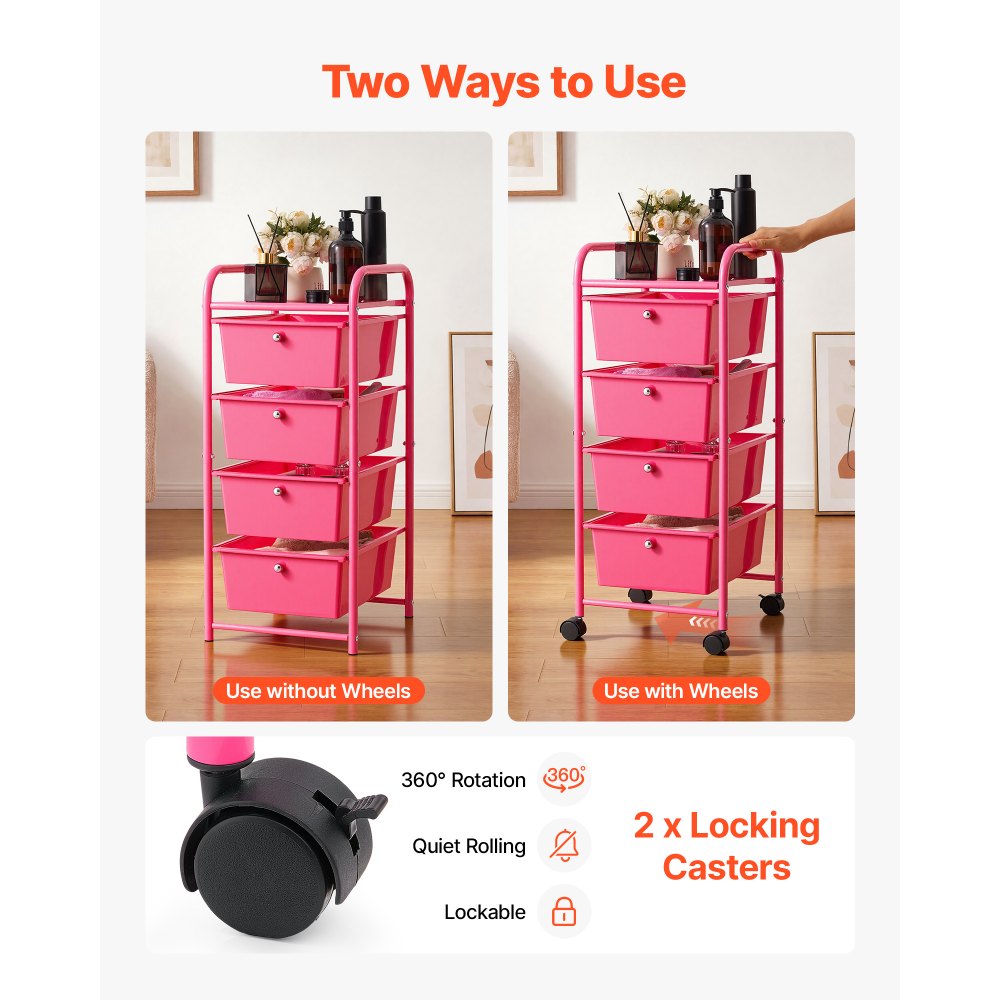 VEVOR Carrito Organizador de Metal con 4 Cajones Profundos, Carrito de Almacenamiento con Ruedas Giratorias de 360° y 2 Frenos, para Cocina Dormitorio Manualidades Garaje Oficina y Baño, Rojo Rosado
