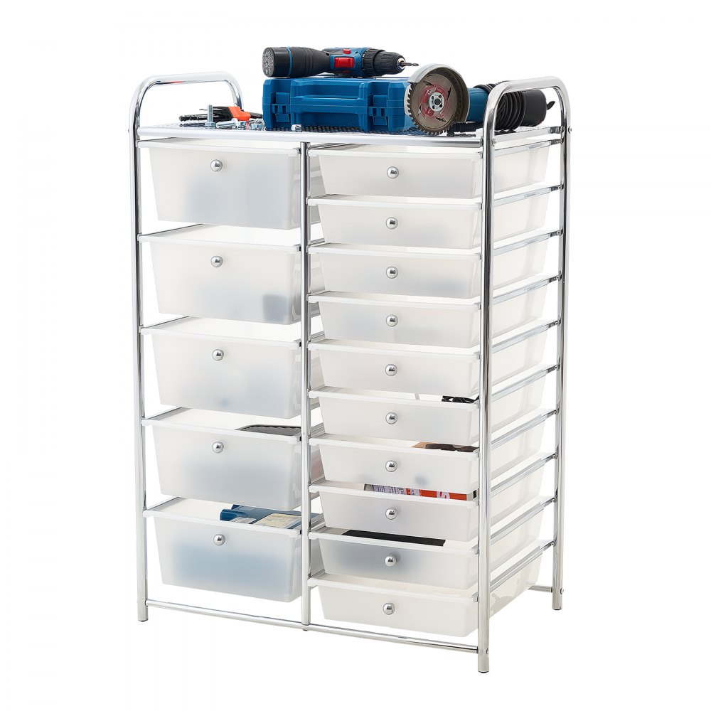VEVOR Carrito Organizador de Metal con 15 Cajones de Doble Fila, Carrito de Almacenamiento con Ruedas Giratorias 360° y 2 Frenos, para Cocina Manualidades Garaje Dormitorio Oficina y Baño, Blanco