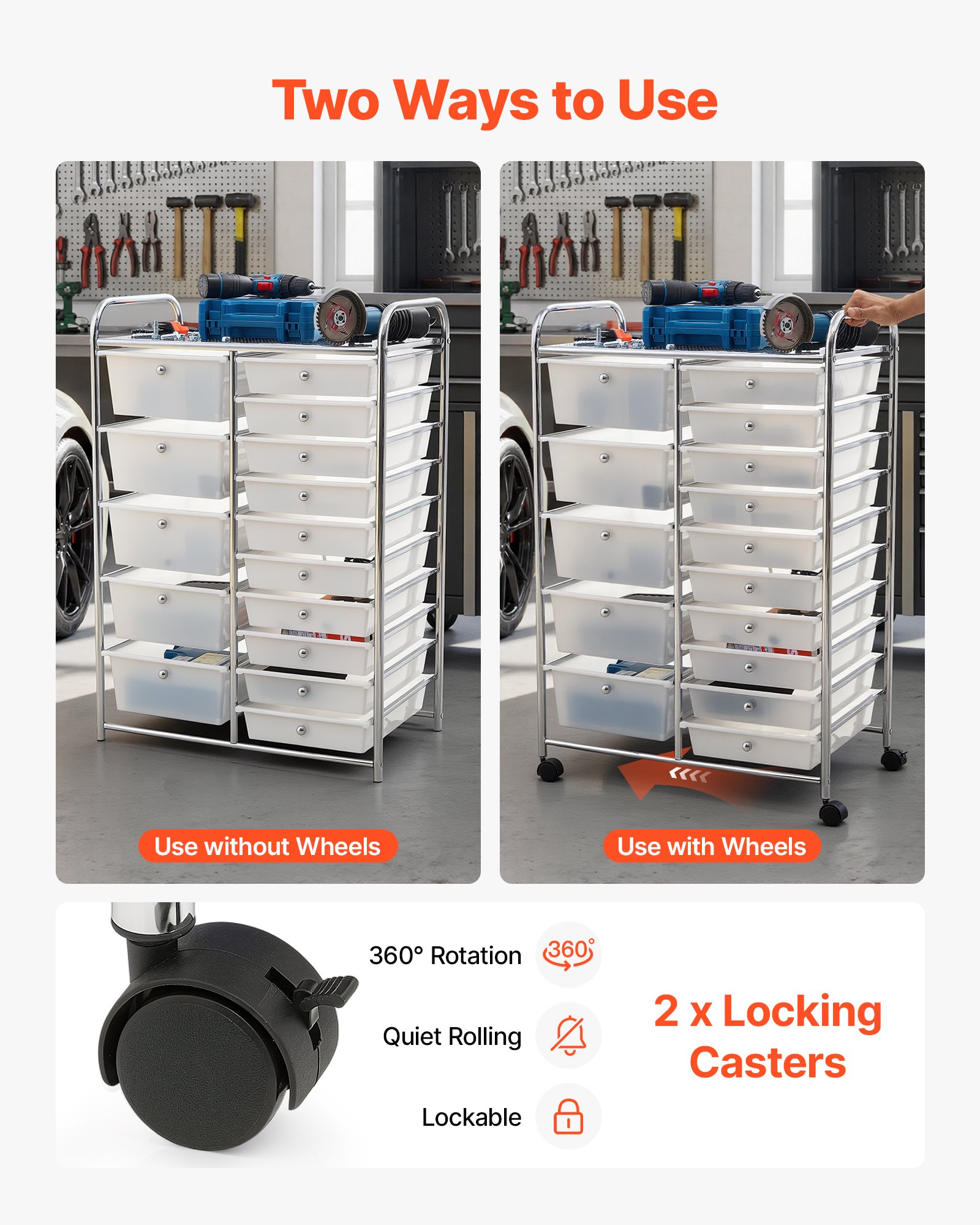 VEVOR Carrito Organizador de Metal con 15 Cajones de Doble Fila, Carrito de Almacenamiento con Ruedas Giratorias 360° y 2 Frenos, para Cocina Manualidades Garaje Dormitorio Oficina y Baño, Blanco