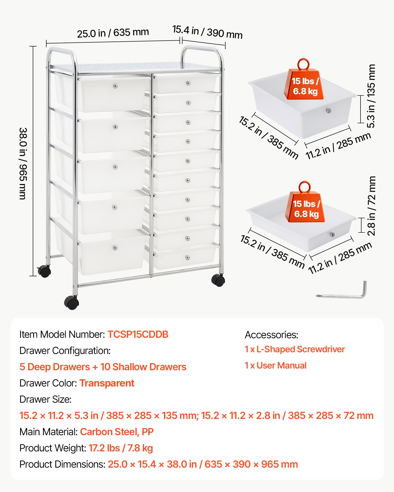 VEVOR Carrito Organizador de Metal con 15 Cajones de Doble Fila, Carrito de Almacenamiento con Ruedas Giratorias 360° y 2 Frenos, para Cocina Manualidades Garaje Dormitorio Oficina y Baño, Blanco