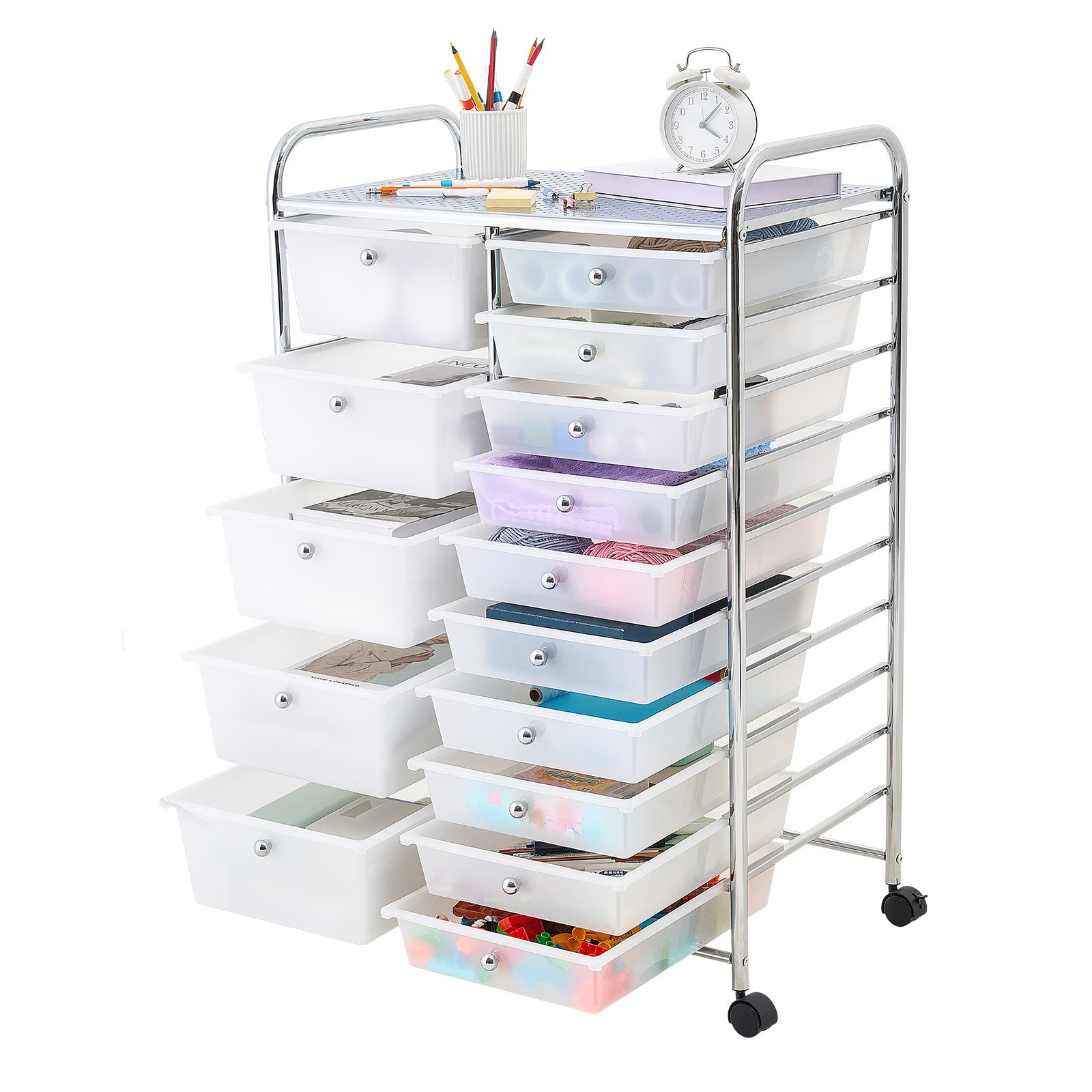 VEVOR Carrito Organizador de Metal con 15 Cajones de Doble Fila, Carrito de Almacenamiento con Ruedas Giratorias 360° y 2 Frenos, para Cocina Manualidades Garaje Dormitorio Oficina y Baño, Blanco