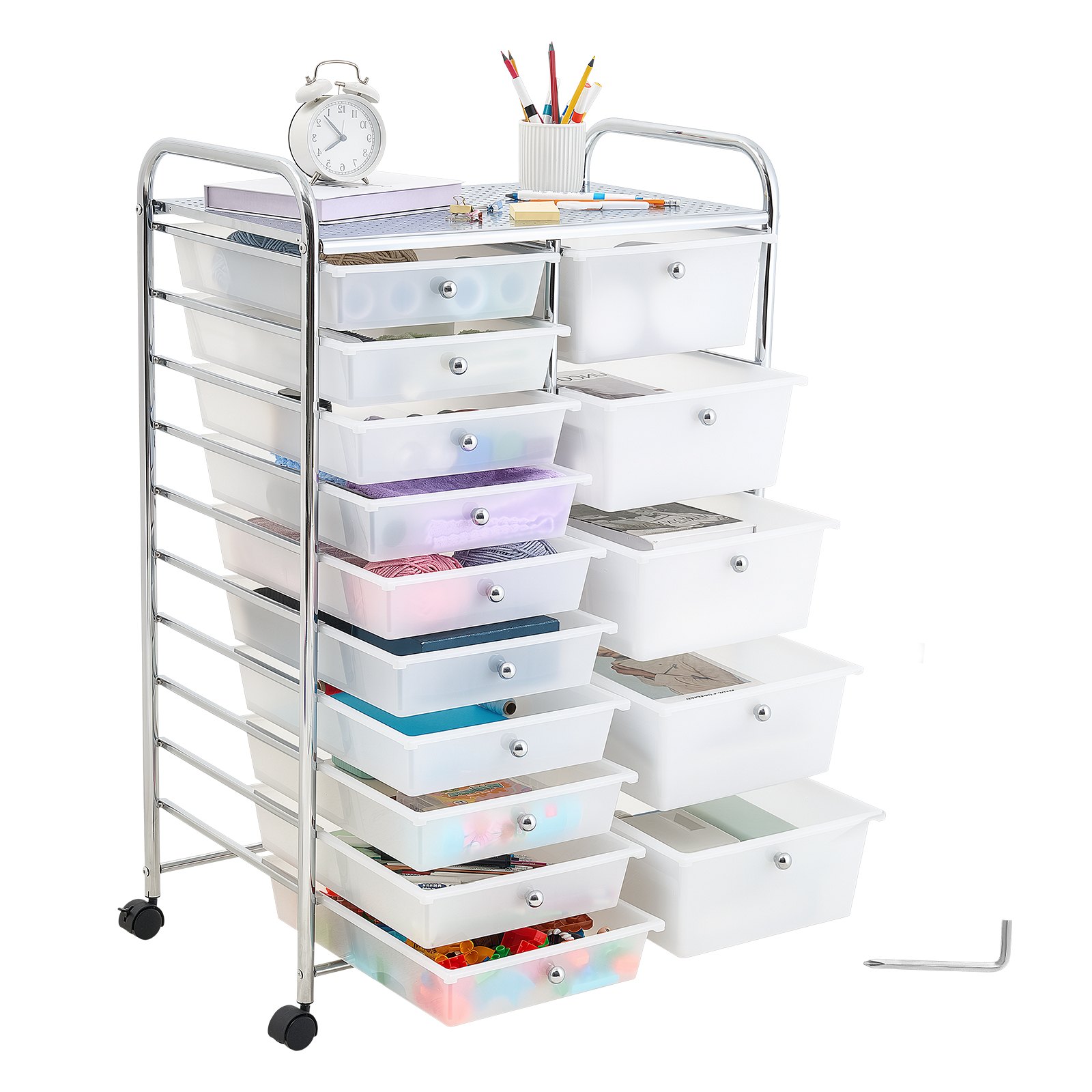 VEVOR Carrito Organizador de Metal con 15 Cajones de Doble Fila, Carrito de Almacenamiento con Ruedas Giratorias 360° y 2 Frenos, para Cocina Manualidades Garaje Dormitorio Oficina y Baño, Blanco