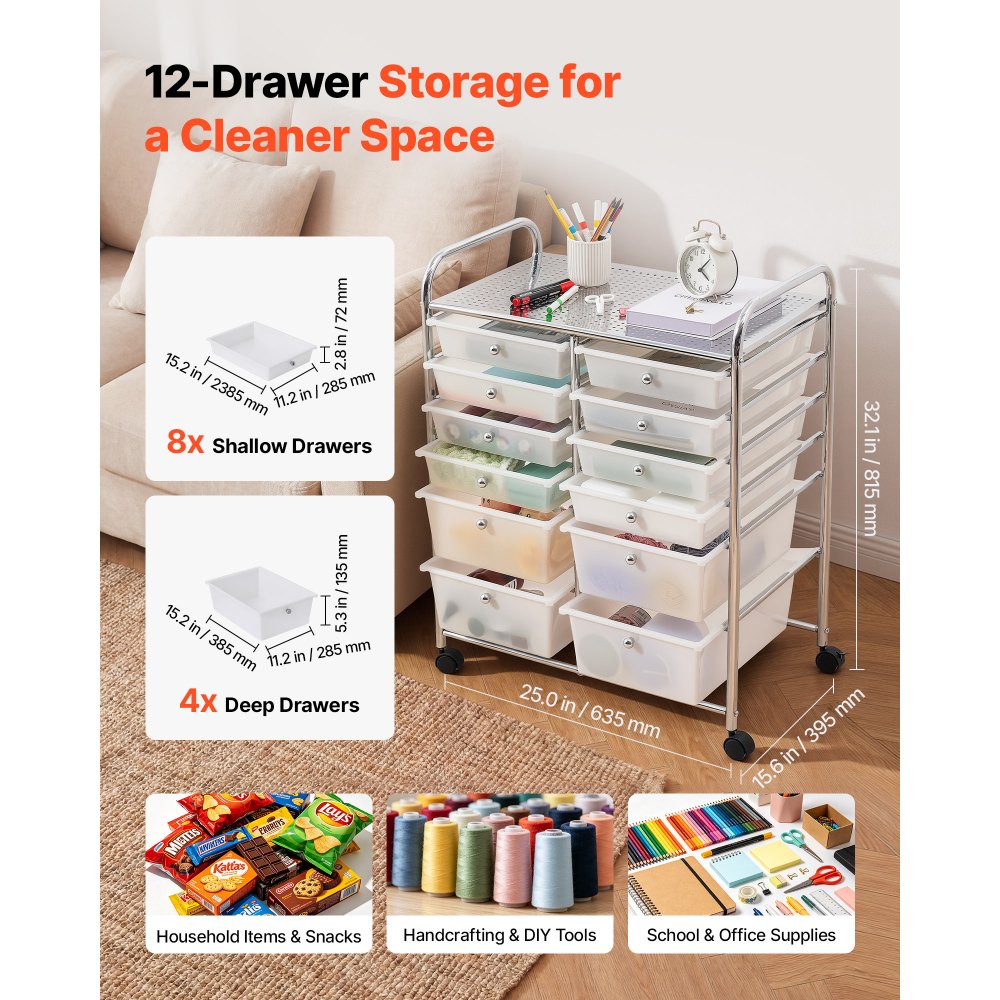 VEVOR Carrito Organizador de Metal con 12 Cajones de Doble Fila, Carrito de Almacenamiento con Ruedas Giratorias 360° y 2 Frenos, para Cocina Manualidades Dormitorio Oficina Garaje y Baño, Blanco