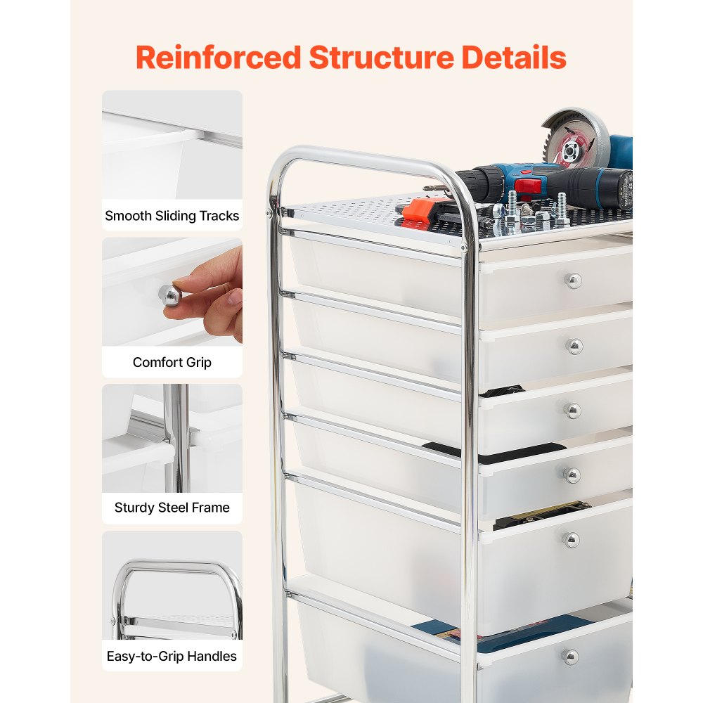 VEVOR Carrito Organizador de Metal con 12 Cajones de Doble Fila, Carrito de Almacenamiento con Ruedas Giratorias 360° y 2 Frenos, para Cocina Manualidades Dormitorio Oficina Garaje y Baño, Blanco