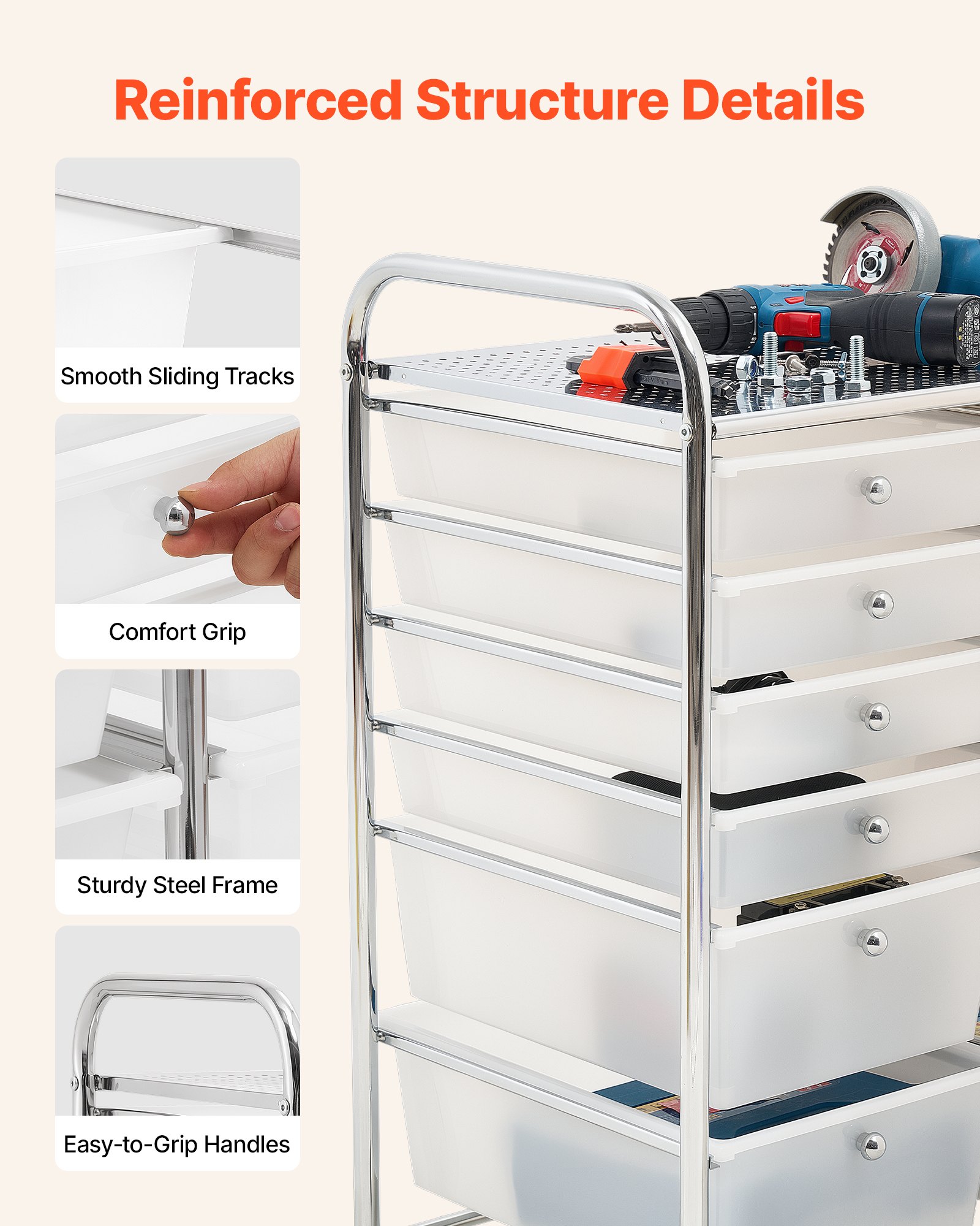 VEVOR Carrito Organizador de Metal con 12 Cajones de Doble Fila, Carrito de Almacenamiento con Ruedas Giratorias 360° y 2 Frenos, para Cocina Manualidades Dormitorio Oficina Garaje y Baño, Blanco