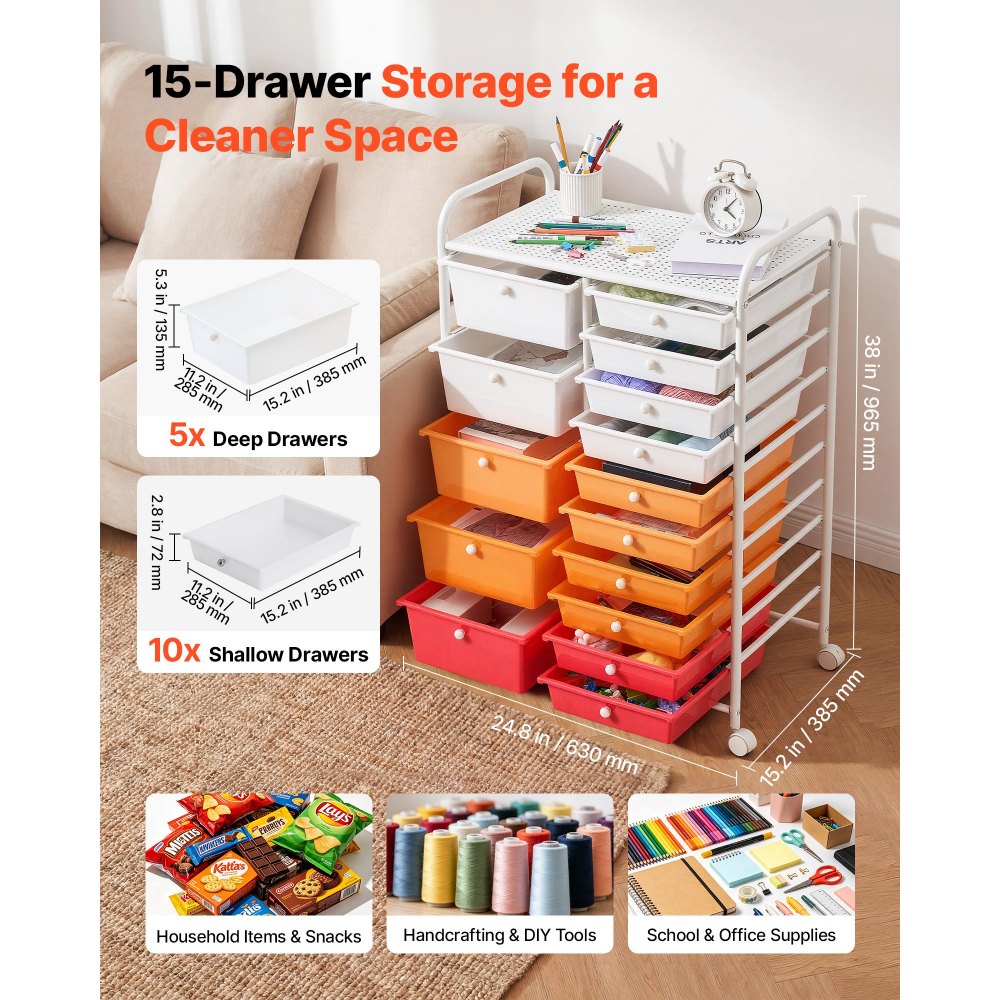 VEVOR Carrito Organizador de Metal con 15 Cajones de Doble Fila, Carrito de Almacenamiento con Ruedas Giratorias 360° y 2 Frenos, Destornillador para Baño Cocina Manualidades Oficina Garaje Dormitorio