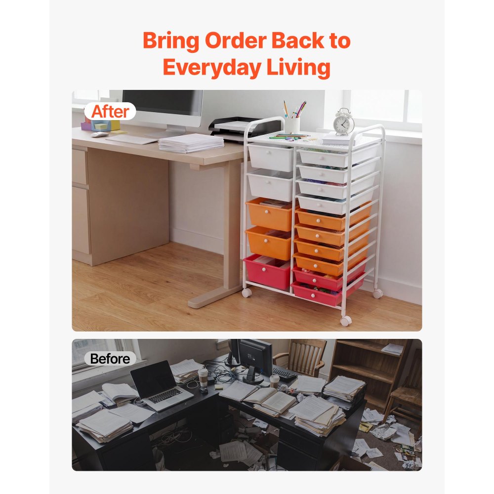 VEVOR Carrito Organizador de Metal con 15 Cajones de Doble Fila, Carrito de Almacenamiento con Ruedas Giratorias 360° y 2 Frenos, Destornillador para Baño Cocina Manualidades Oficina Garaje Dormitorio
