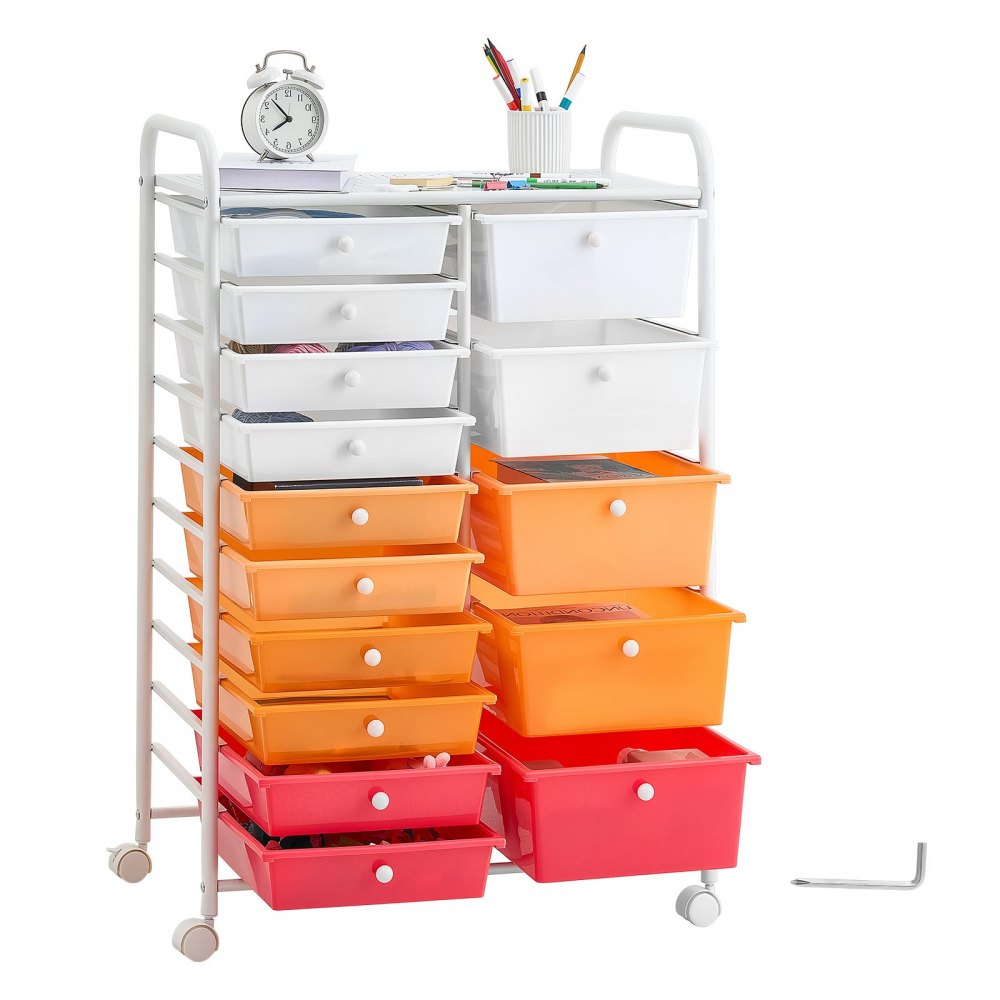 VEVOR Carrito Organizador de Metal con 15 Cajones de Doble Fila, Carrito de Almacenamiento con Ruedas Giratorias 360° y 2 Frenos, Destornillador para Baño Cocina Manualidades Oficina Garaje Dormitorio