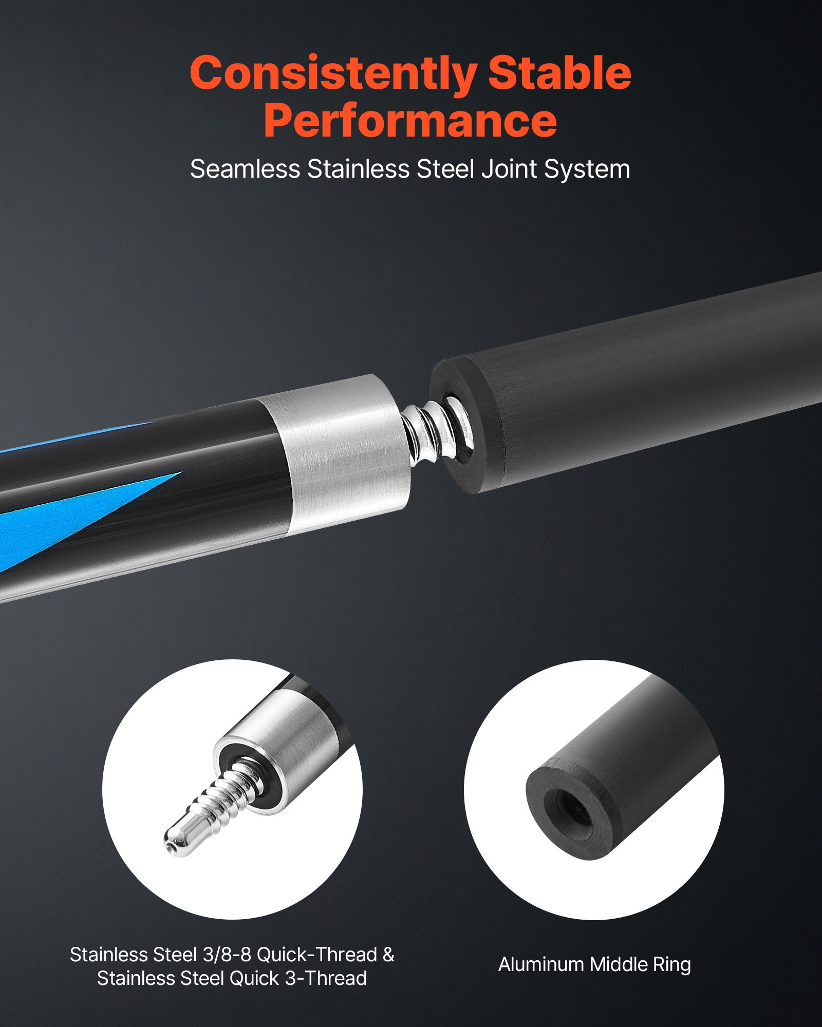 VEVOR Taco de Billar con Salto y Quiebre, 1 Pieza, 1473,2 mm/554 g, Fabricado en Fibra de Carbono y Arce, con Diseño de Dos Niveles, Ideal para Bares, Hogares, Oficinas y Principiantes, Negro