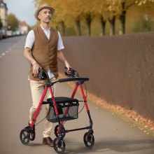 VEVOR Andador con Ruedas para Personas Mayores y Adultos, Andador con Ruedas Plegable de Aluminio Liviano con Asiento y Asa Ajustables, Andador con Ruedas para Movilidad al Aire Libre, Rojo + Negro