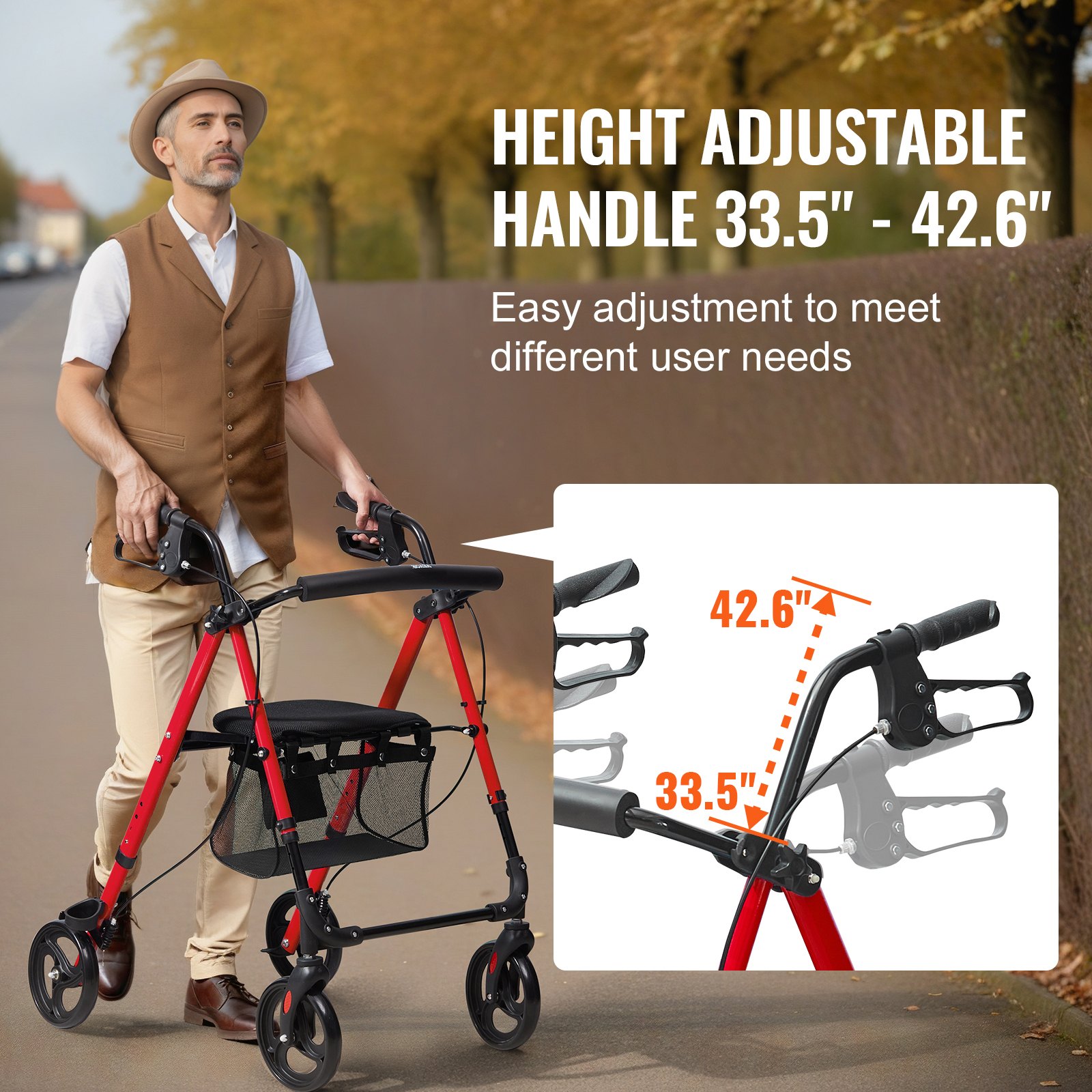 VEVOR Andador con Ruedas para Personas Mayores y Adultos, Andador con Ruedas Plegable de Aluminio Liviano con Asiento y Asa Ajustables, Andador con Ruedas para Movilidad al Aire Libre, Rojo + Negro