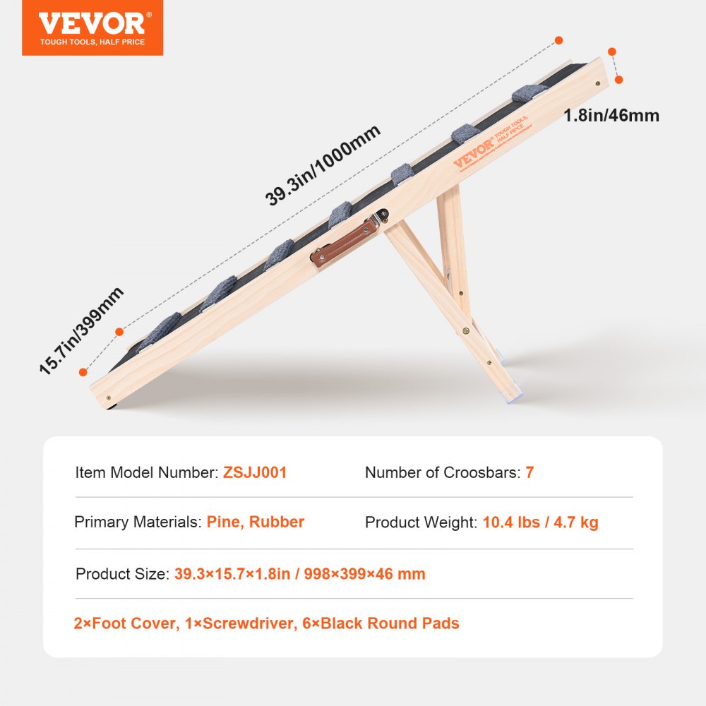 VEVOR Rampa para Perros Longitud de 1000 mm Rampa Plegable Antideslizante para Perros Pequeños/Grandes Altura Ajustable 6 Niveles 38-56 cm Adecuada para Cama, Sofá, Acceso al Coche, Interior, Exterior