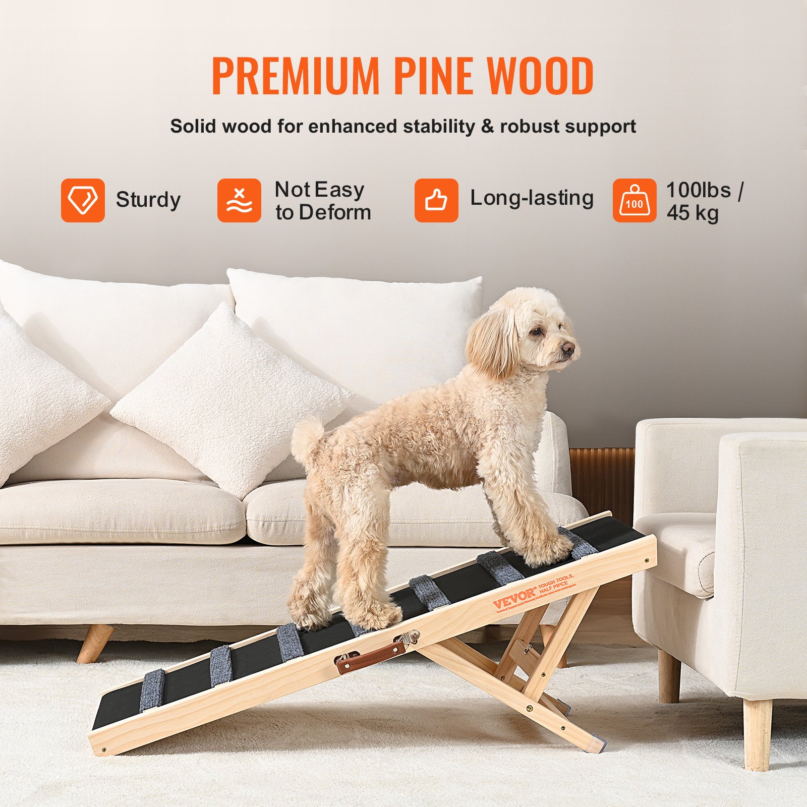 VEVOR Rampa para Perros Longitud de 1000 mm Rampa Plegable Antideslizante para Perros Pequeños/Grandes Altura Ajustable 6 Niveles 38-56 cm Adecuada para Cama, Sofá, Acceso al Coche, Interior, Exterior