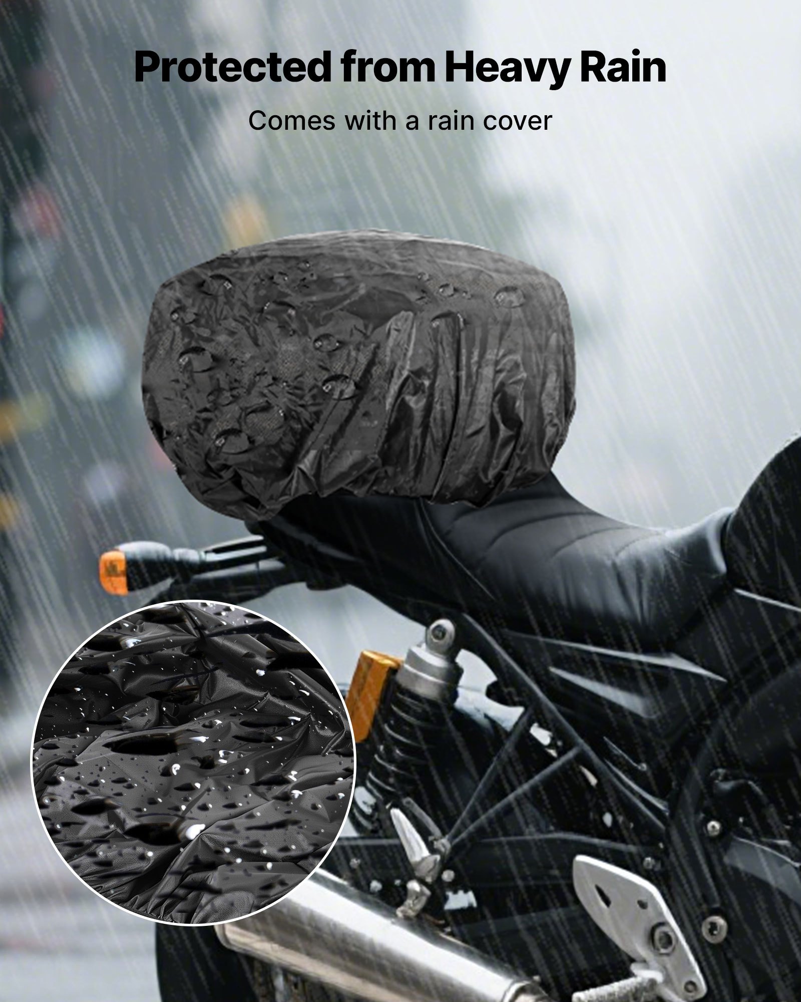 VEVOR Bolsa Trasera a Asiento de Motocicleta 22-34 L, con Funda Impermeable para Lluvia, para Portaequipajes, con Correas y Cordón Elástico, Tela Oxford 1680D Cuero PU, 390 x 310 x 295 mm, Negro