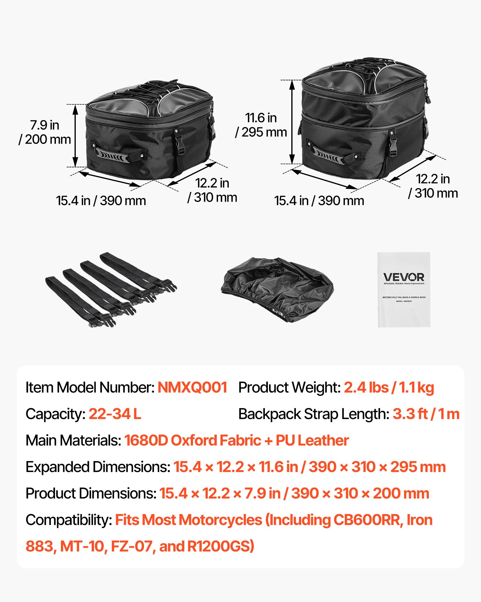 VEVOR Bolsa Trasera a Asiento de Motocicleta 22-34 L, con Funda Impermeable para Lluvia, para Portaequipajes, con Correas y Cordón Elástico, Tela Oxford 1680D Cuero PU, 390 x 310 x 295 mm, Negro