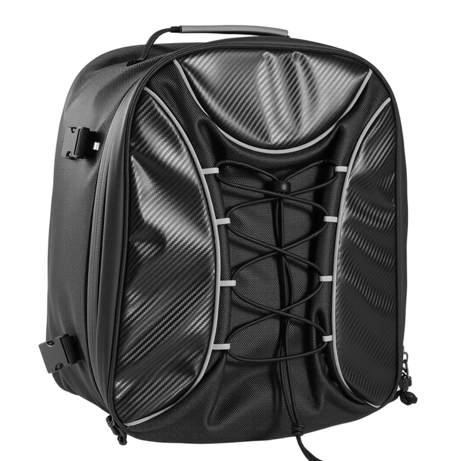 VEVOR Bolsa Trasera a Asiento de Motocicleta 22-34 L, con Funda Impermeable para Lluvia, para Portaequipajes, con Correas y Cordón Elástico, Tela Oxford 1680D Cuero PU, 390 x 310 x 295 mm, Negro