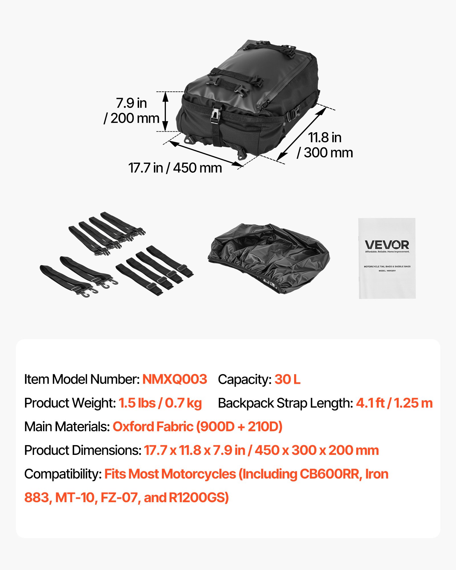 VEVOR Bolsa Trasera para Asiento de Motocicleta de 30 L, con Funda Impermeable para Lluvia, con Correa para el Hombro, Portaequipajes Trasero Universal para Motocicleta, 45 x 30 x 20 cm, Negro