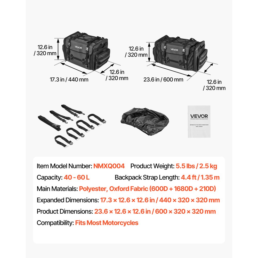 VEVOR Motorcycle Tail Bag, 40-60 L Expandable Motorcycle Rear Seat Bag with Waterproof Rain Cover, Foldable Outdoor Sports Motorbike Luggage Storage with Shoulder Straps, Pocket & Elastic Cord, Black