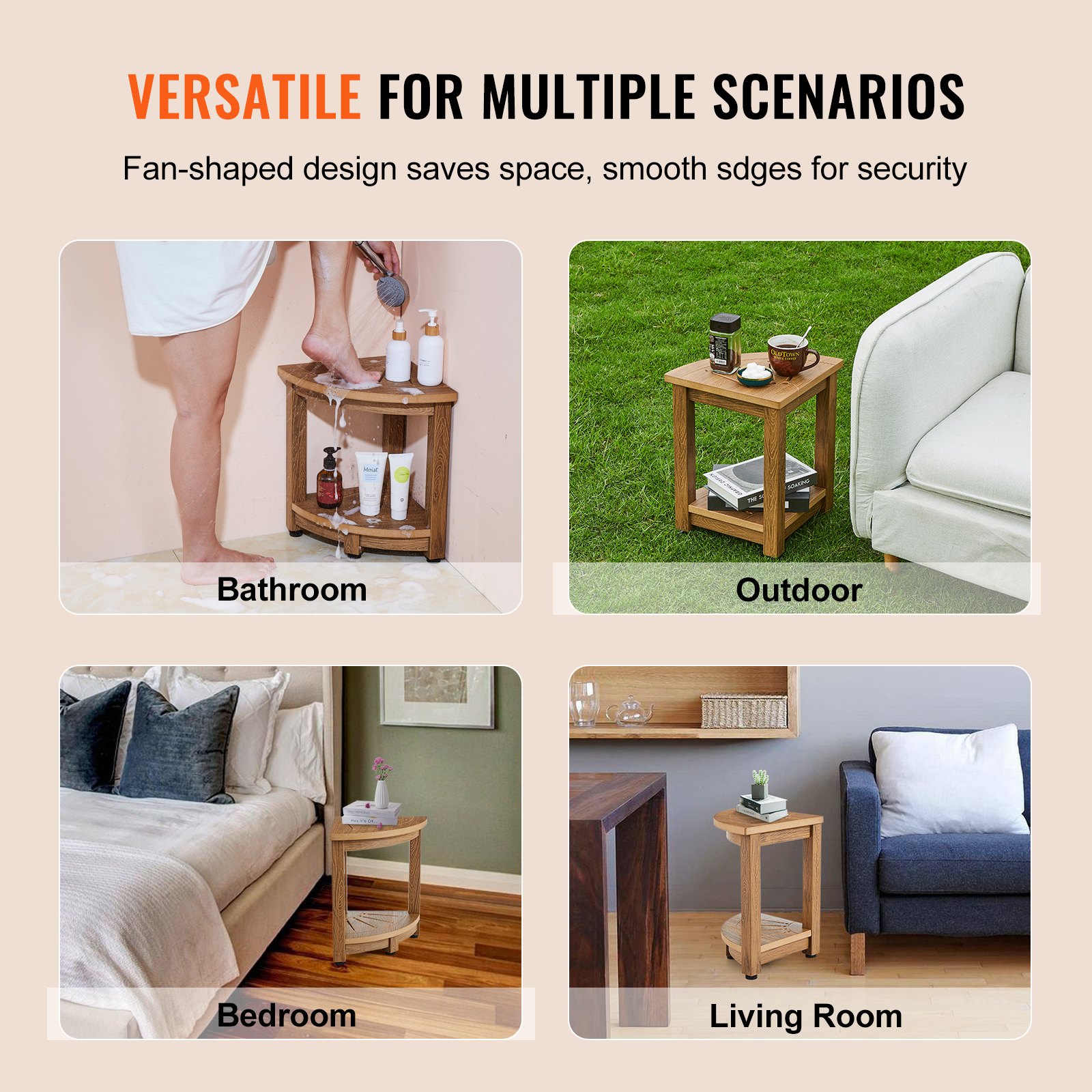 VEVOR Banco de Ducha de Esquina con Estante de Almacenamiento, 325 × 325 × 430 mm, Poliestireno de Grano de Madera Sintética, Resistente al Agua, Taburete de Ducha de Esquina para Baño, Sala de Estar