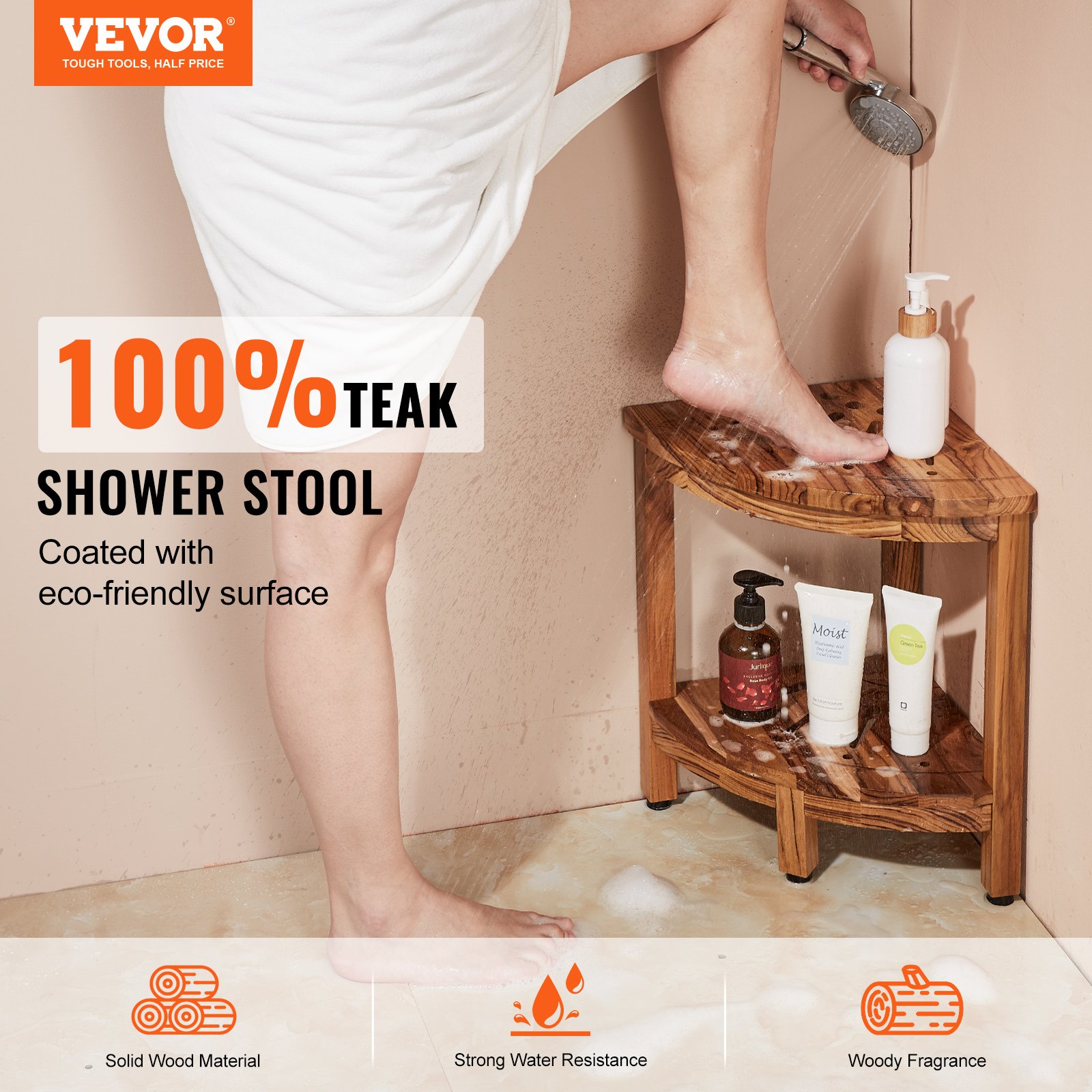 VEVOR Banco de Ducha Interior y Exterior para Baño Esquinero de Teca con Estante de Almacenamiento, 305 × 305 × 430 mm, 100% Madera de Teca, Banco de Ducha Esquinero para Playa, Resistente al Moho