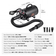 VEVOR Secador de Pelo para Perros 2000 W Secador para Perros Velocidad Ajustable Temperatura Secador de Pelo Aseo con 4 Boquillas Diferentes Manguera Extensible Aprox. 71-239 cm para Mascotas, Negro