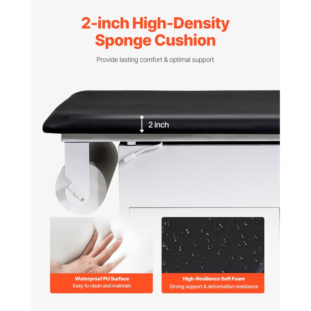 VEVOR Mesa de Exploración Médica, Respaldo Ajustable, para Fisioterapia, con Armario Cerradura, 2 Cajones, Dispensador de Rollo de Papel, Taburete y Reposapiés, Carga 227 kg, 1380 x 700 x 780 mm