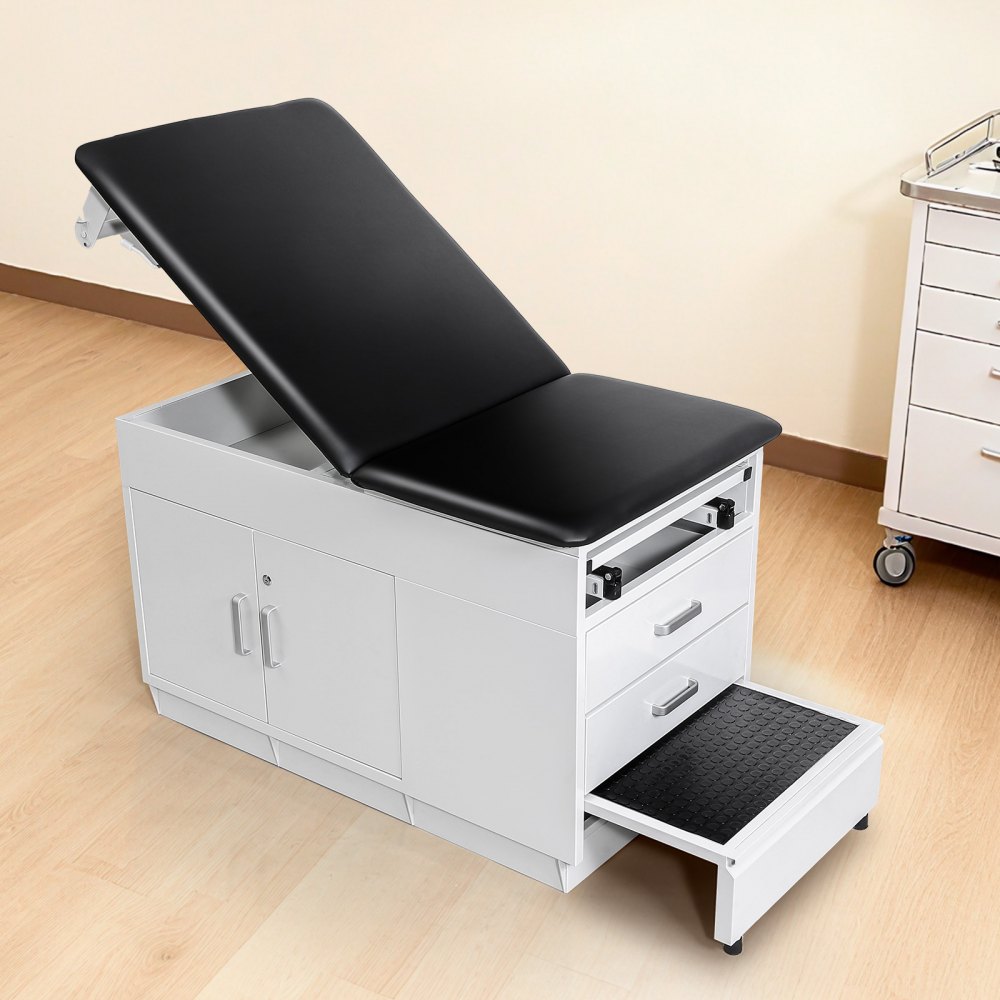 VEVOR Mesa de Exploración Médica, Respaldo Ajustable, para Fisioterapia, con Armario Cerradura, 2 Cajones, Dispensador de Rollo de Papel, Taburete y Reposapiés, Carga 227 kg, 1380 x 700 x 780 mm