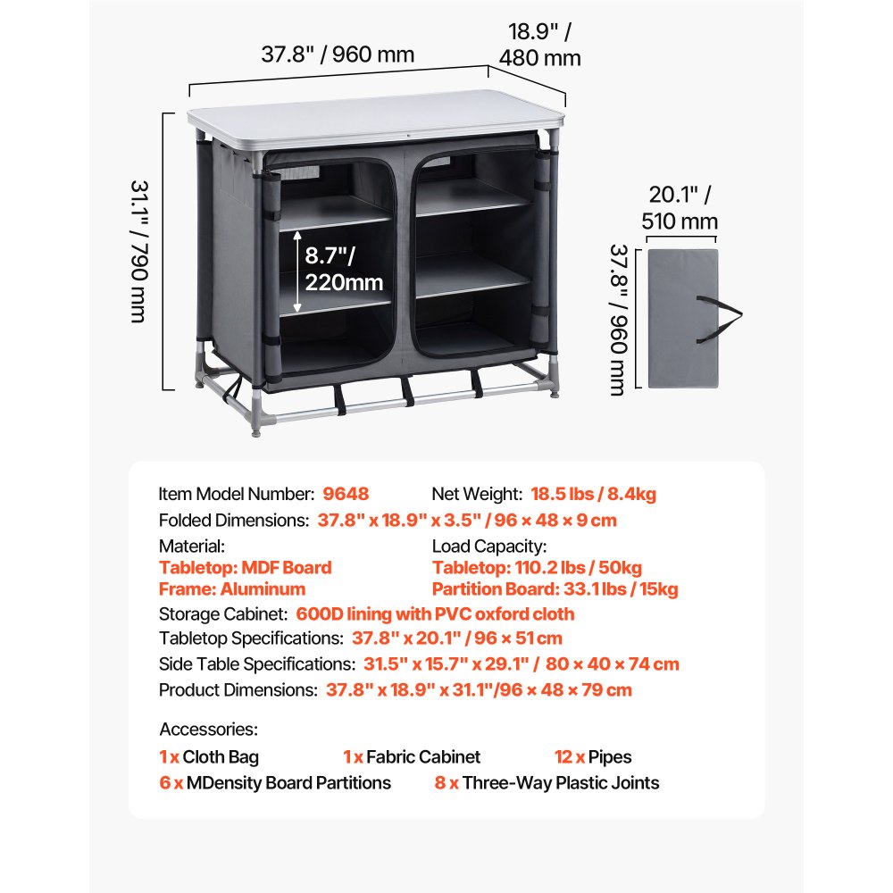 VEVOR Cocina de Camping Plegable 96 x 48 x 79 cm, Mesa de Cocina para Acampar con 6 Estantes y Bolsa de Transporte, Mueble de Camping para Picnic, Barbacoa, Fiesta, Viajes en Autocaravana, Gris