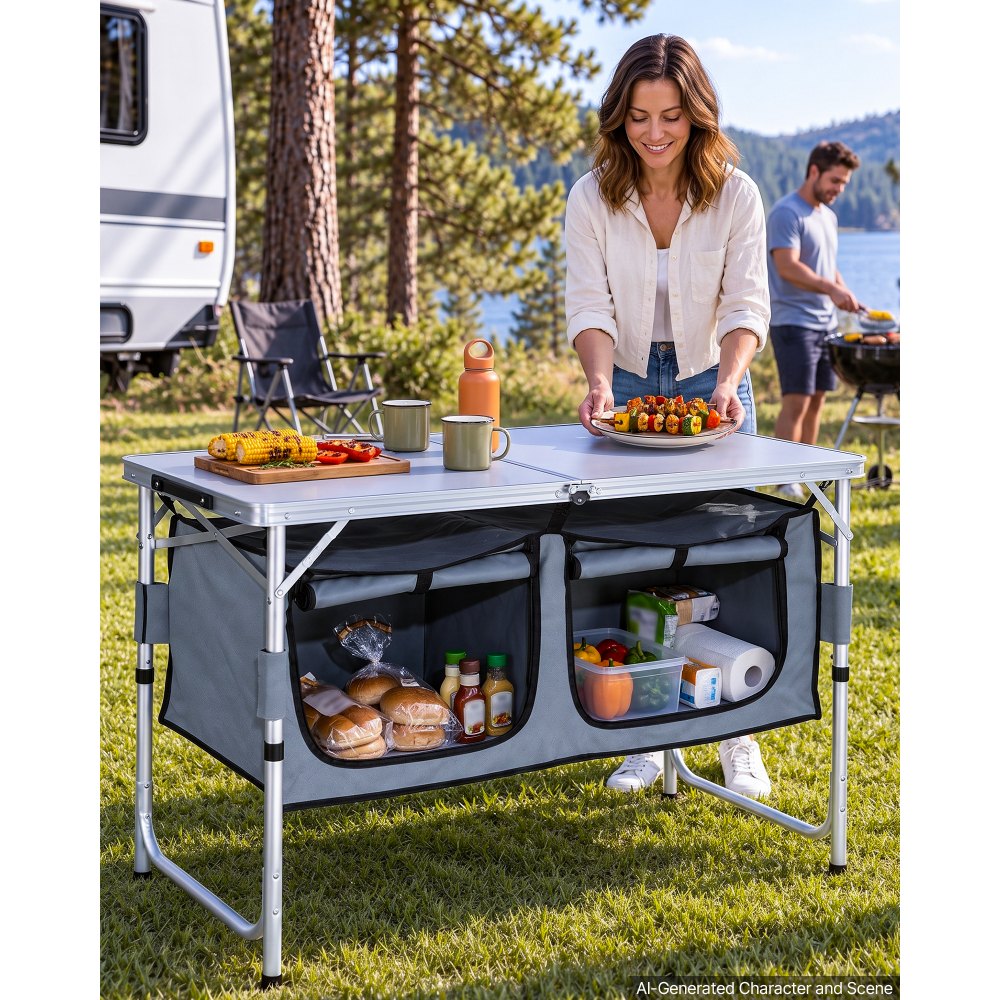 VEVOR Mueble de Cocina para Camping 120x47x70 cm Armario de Camping Plegable Portátil Estructura de Aluminio Altura Ajustable Mesa de cocina para acampar con Bolsa de Transporte para Barbacoa Pícnic