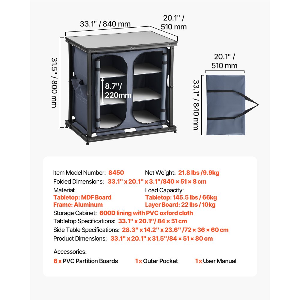 VEVOR Cocina de Camping Plegable 84 x 51 x 80 cm, Mesa de Cocina para Acampar con 6 Estantes y Bolsa de Transporte, Mueble de Camping para Picnic, Barbacoa, Fiesta, Viajes en Autocaravana, Gris