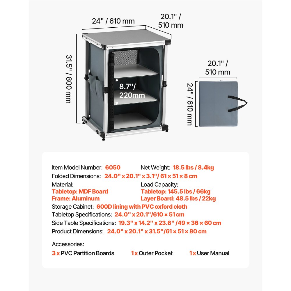 VEVOR Cocina de Camping Plegable 61 x 51 x 80 cm, Mesa de Cocina para Acampar con 3 Estantes y Bolsa de Transporte, Mueble de Camping para Picnic, Barbacoa, Fiesta, Viajes en Autocaravana, Gris