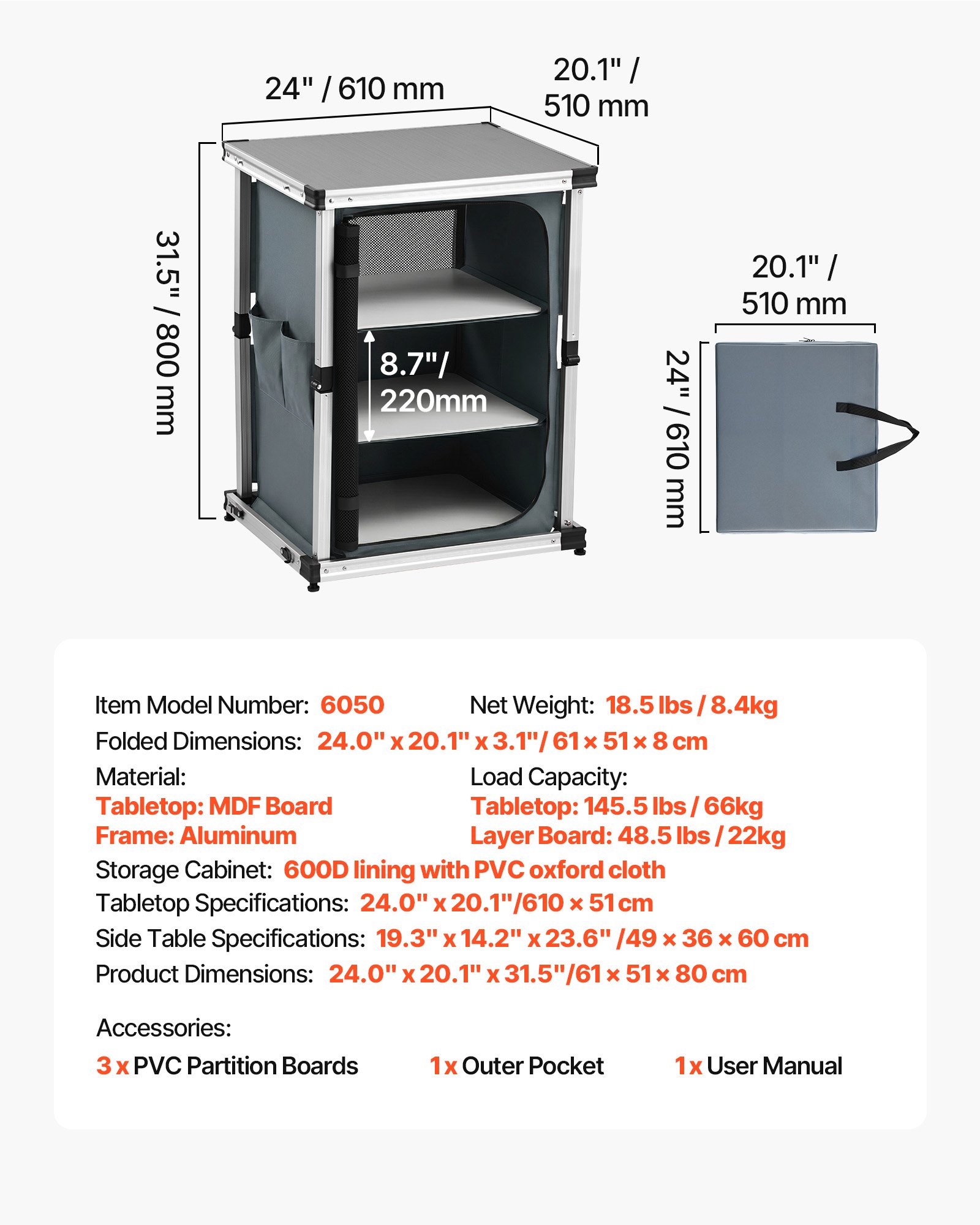 VEVOR Cocina de Camping Plegable 61 x 51 x 80 cm, Mesa de Cocina para Acampar con 3 Estantes y Bolsa de Transporte, Mueble de Camping para Picnic, Barbacoa, Fiesta, Viajes en Autocaravana, Gris
