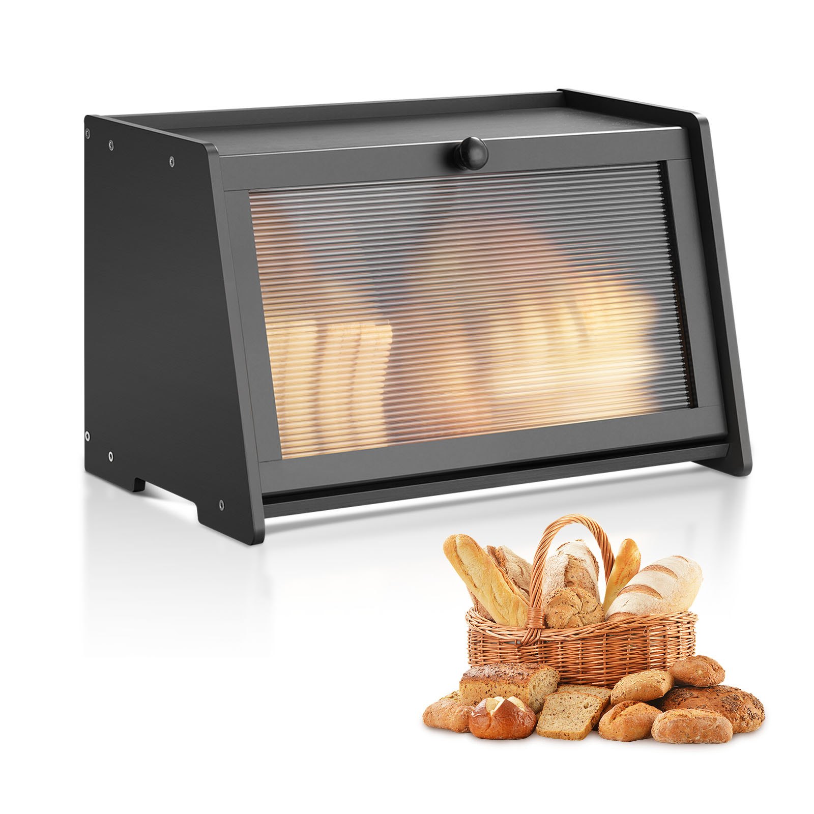 VEVOR Panera de Bambú para Encimera de Cocina, Organizador de Pan de Madera Rústica para Pan Casero, con Panel de Puerta Acrílico Ondulado, Color Negro, Forma de Trapezoide, 420 x 250 x 260 mm