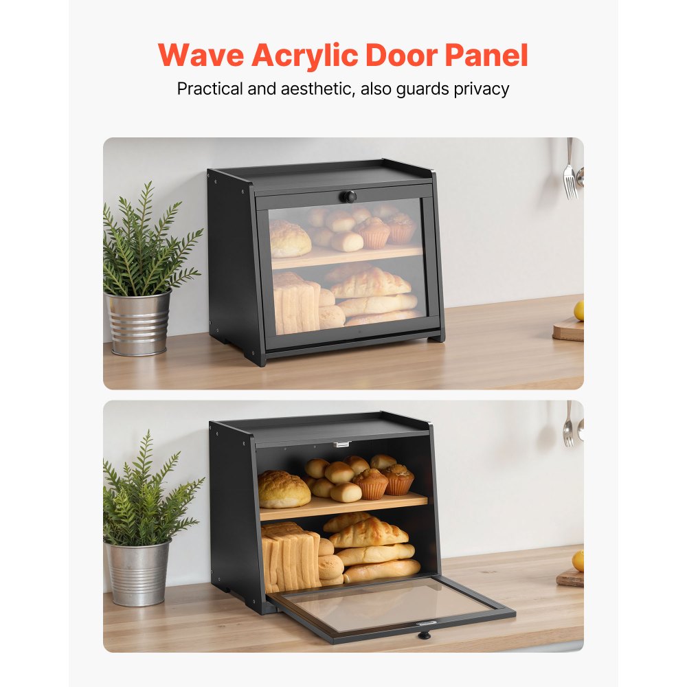 VEVOR Panera de Doble Capa para Encimera de Cocina, Contenedor de Pan de Bambú de Gran Capacidad, con Panel de Puerta Acrílico Ondulado, Color Negro, Forma Trapezoide, 400 x 250 x 335 mm, Negro