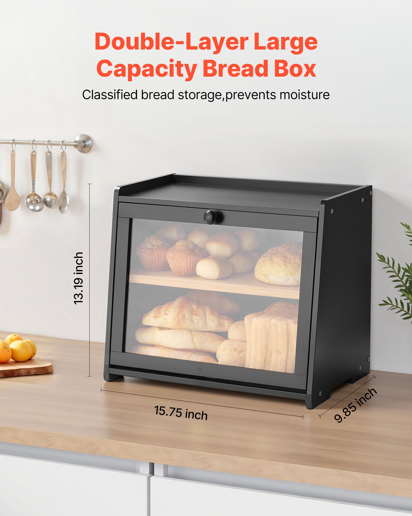 VEVOR Double Layer Bread Box for Kitchen Counter, Large Capacity Bamboo Bread Storage Container, Farmhouse Wooden Breadbox for Homemade Bread, Storage Holder Bin with Acrylic Wavy Door Panel, Black