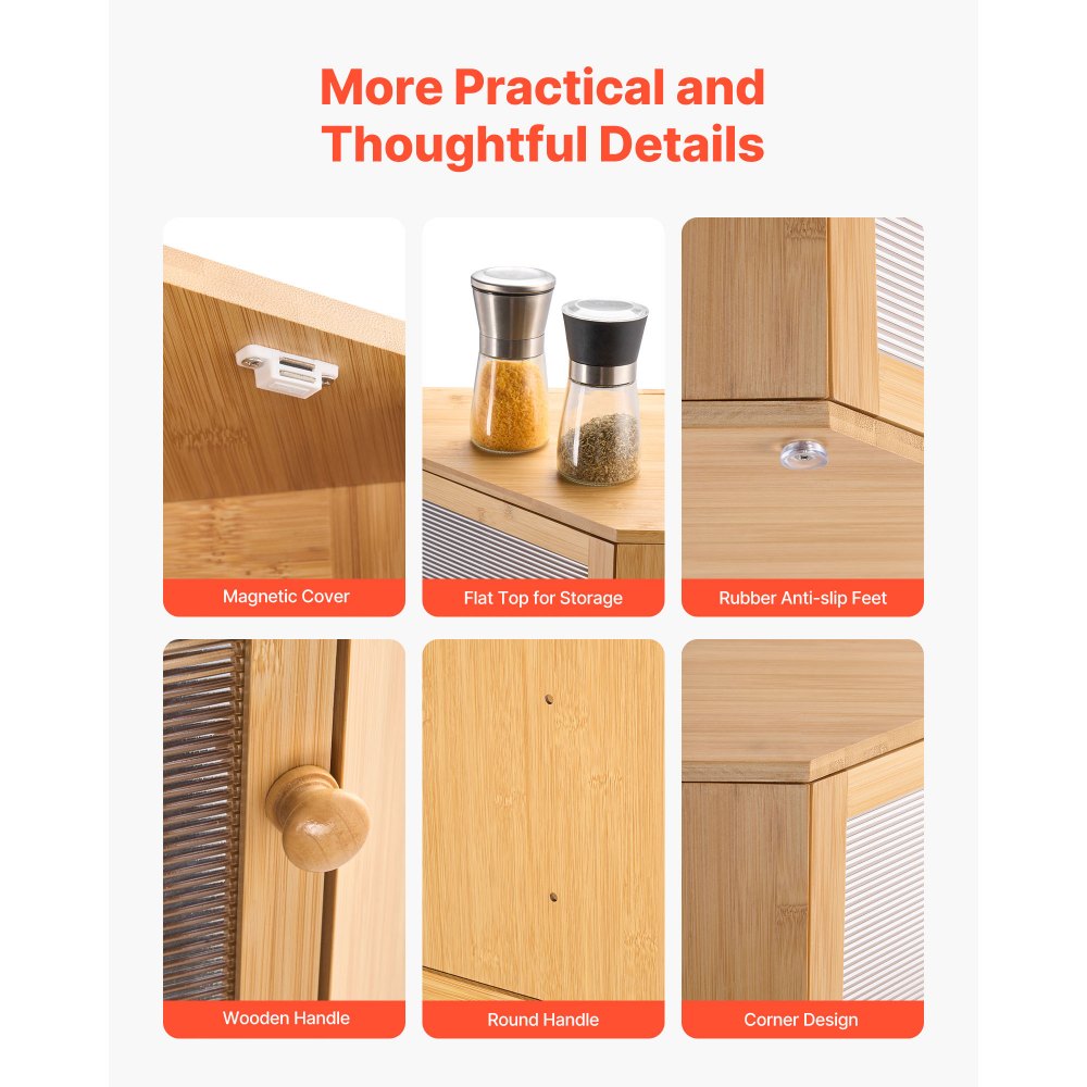 VEVOR Panera de Esquina de Doble Capa para Encimera de Cocina, Panera de Madera Rústica para Pan Casero, Contenedor de Almacenamiento con Puerta Acrílica Ondulada, Natural, 320 x 320 x 425 mm