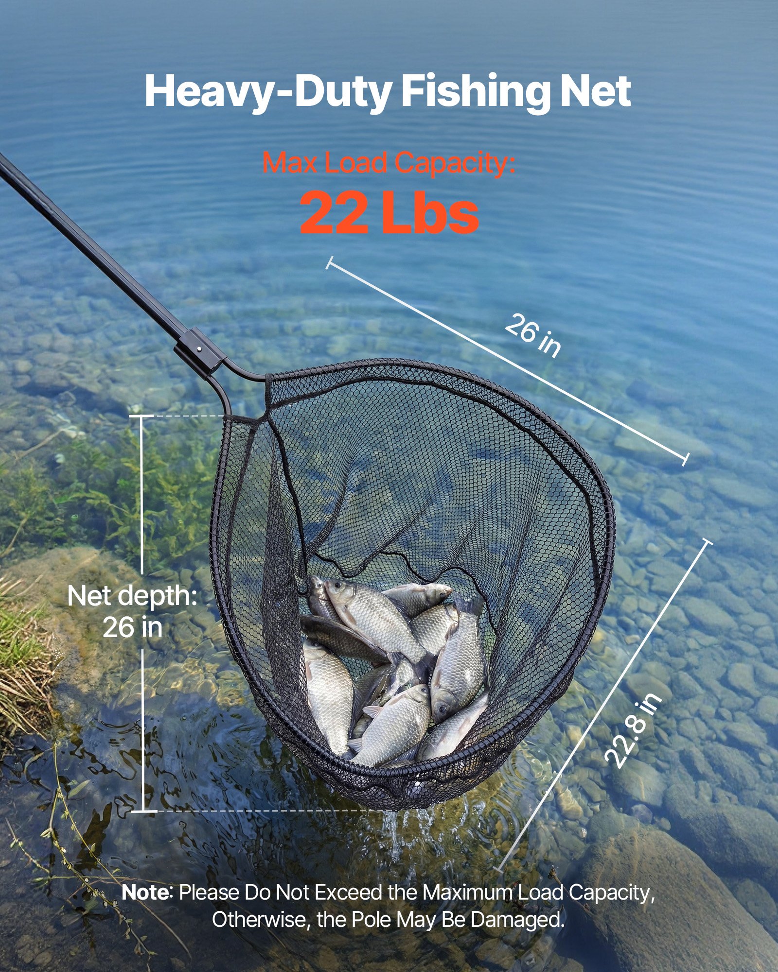 VEVOR Red de Pesca de Aluminio, Red de Aterrizaje de Peces con Malla de Nailon Recubierto de PVC 66 cm y Mango de PE, Ligera y Resistente, Sacadera Soporta hasta 9,98 kg, para Kayak, Barco, Orilla