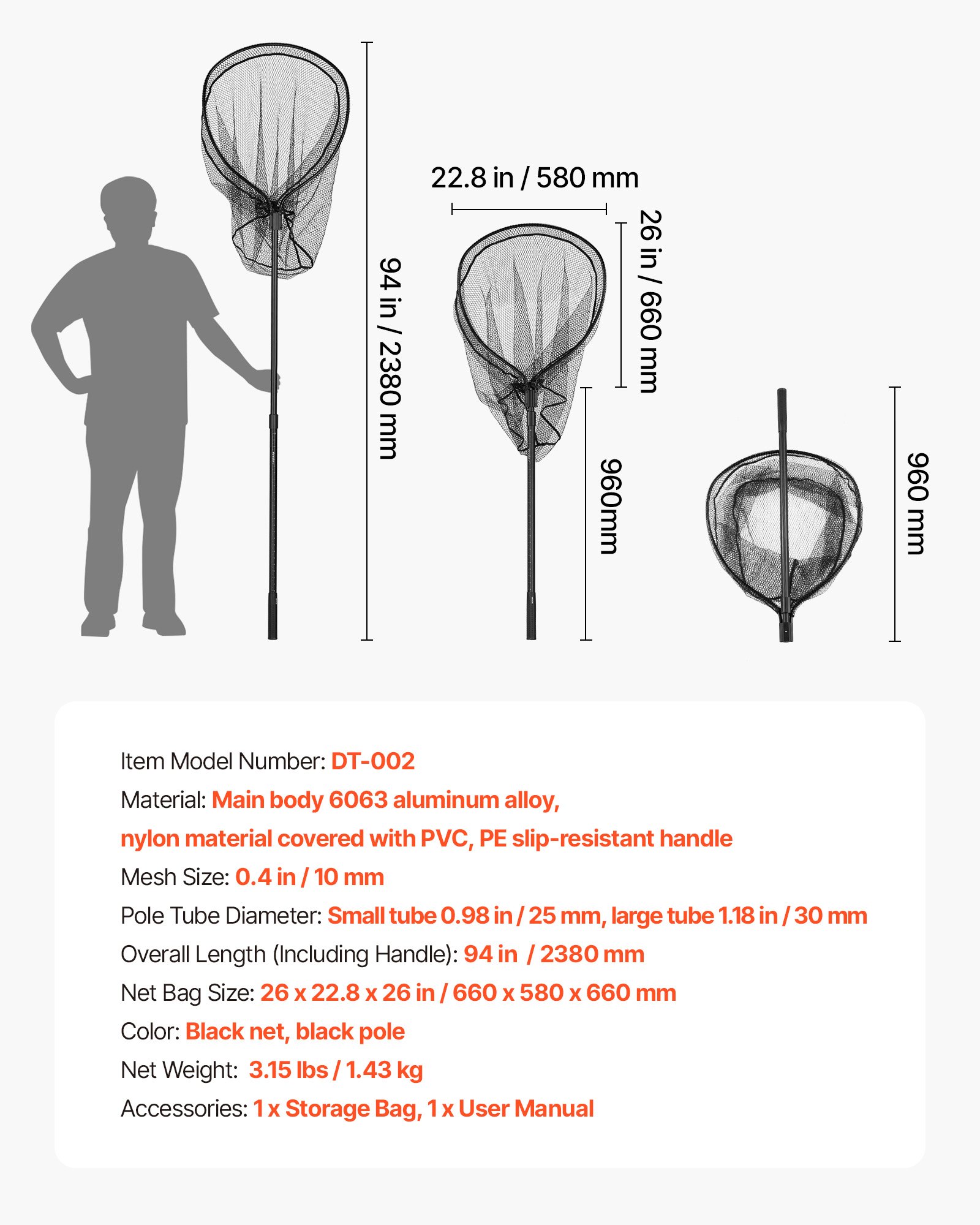 VEVOR Red de Pesca de Aluminio, Red de Aterrizaje de Peces con Malla de Nailon Recubierto de PVC 66 cm y Mango de PE, Ligera y Resistente, Sacadera Soporta hasta 9,98 kg, para Kayak, Barco, Orilla