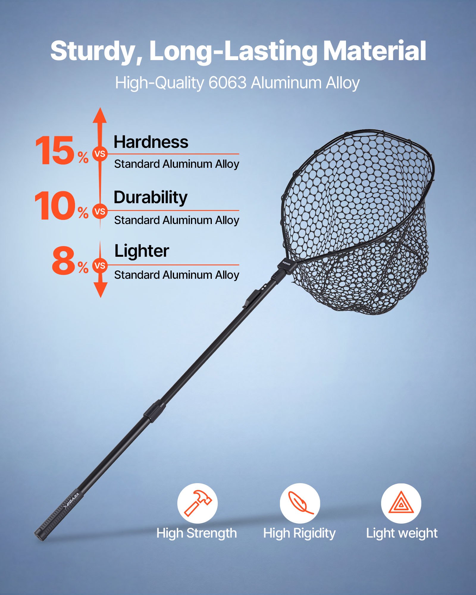 VEVOR Red de Pesca de Aluminio 143 cm, Red de Aterrizaje de Peces con Malla de Silicona Suave y Mango de PE, Ligera y Resistente, Sacadera Soporta hasta 4 kg, para Kayak, Barco, Orilla, Estanque