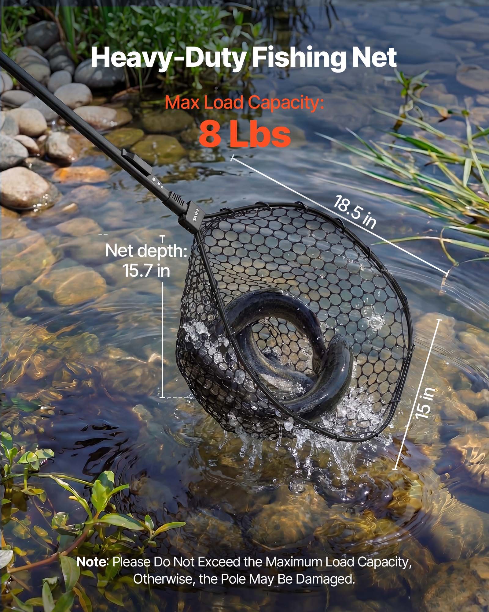 VEVOR Red de Pesca de Aluminio 143 cm, Red de Aterrizaje de Peces con Malla de Silicona Suave y Mango de PE, Ligera y Resistente, Sacadera Soporta hasta 4 kg, para Kayak, Barco, Orilla, Estanque