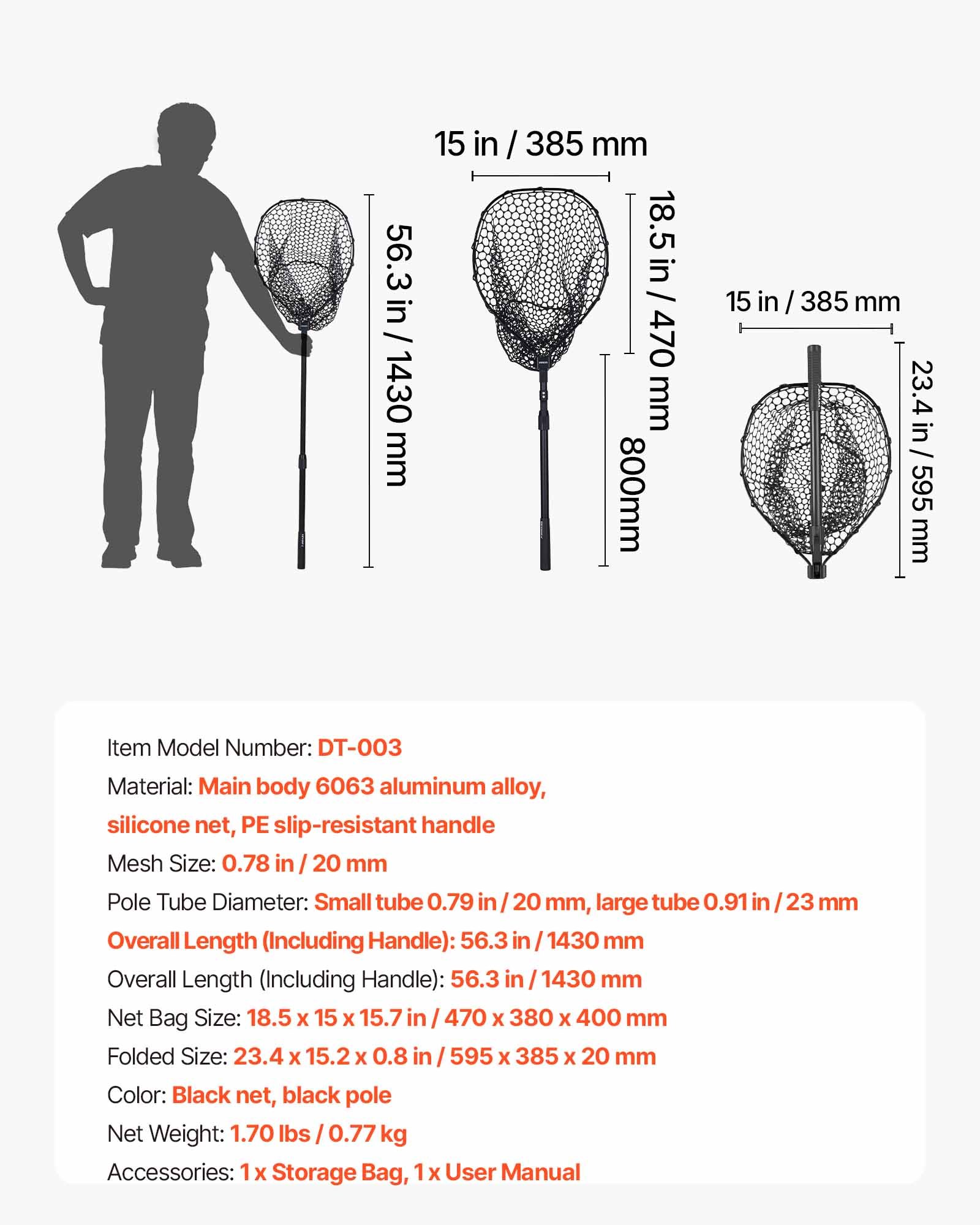 VEVOR Red de Pesca de Aluminio 143 cm, Red de Aterrizaje de Peces con Malla de Silicona Suave y Mango de PE, Ligera y Resistente, Sacadera Soporta hasta 4 kg, para Kayak, Barco, Orilla, Estanque