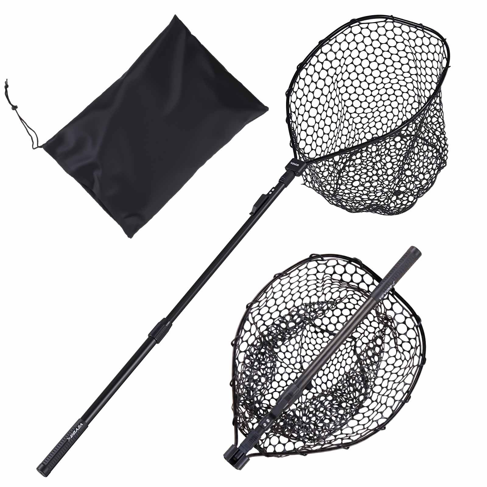 VEVOR Red de Pesca de Aluminio 143 cm, Red de Aterrizaje de Peces con Malla de Silicona Suave y Mango de PE, Ligera y Resistente, Sacadera Soporta hasta 4 kg, para Kayak, Barco, Orilla, Estanque