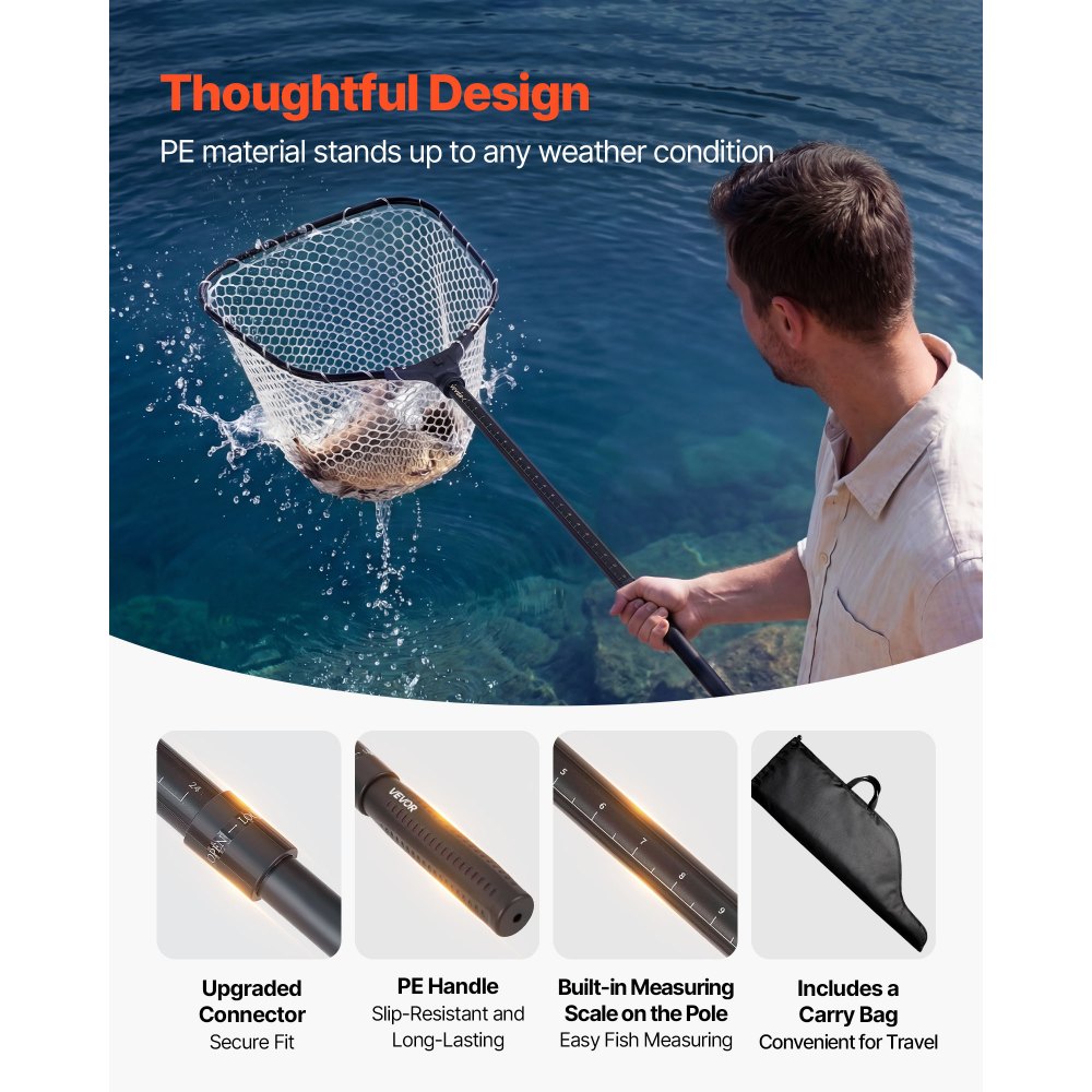 VEVOR Red de Pesca de Aluminio, Red de Aterrizaje de Peces con Malla de Silicona Suave y Mango Telescópico de PE, Ligera y Resistente, Sacadera Soporta hasta 13,6 kg, para Kayak, Barco, Orilla